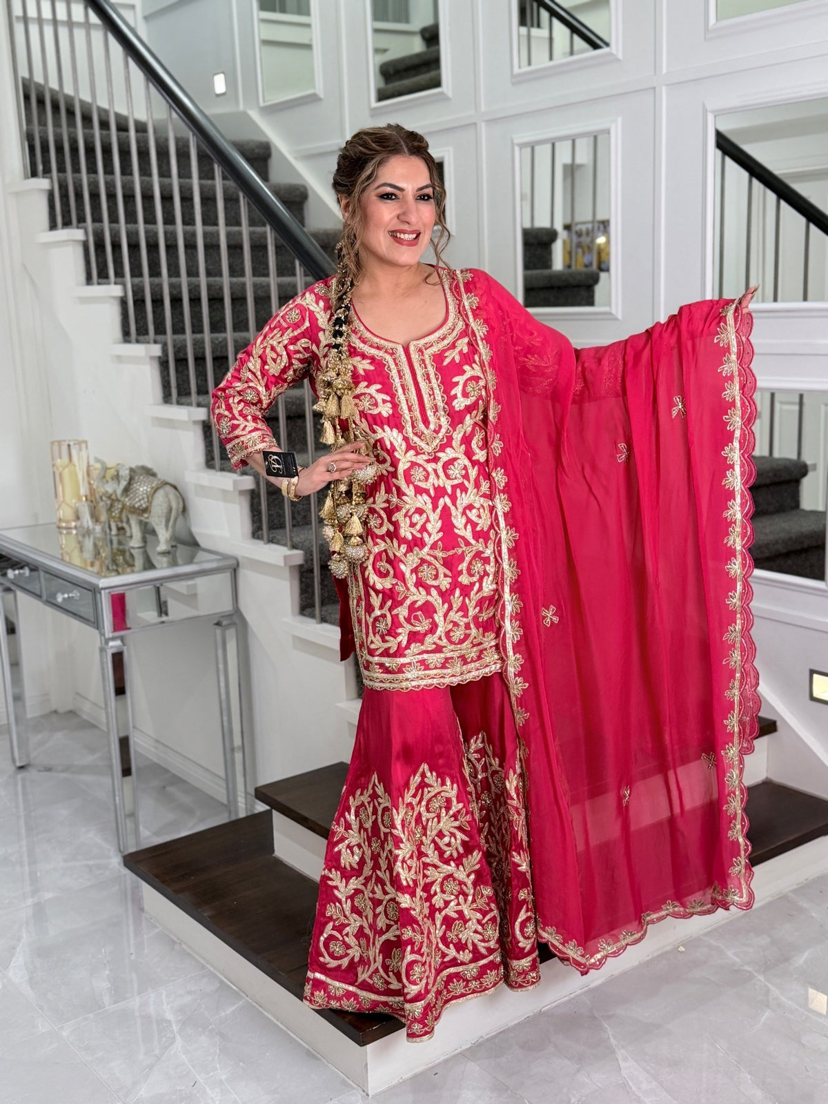 Salwar Kameez - Rani Pink Gota Embroidered Sharara Suit with Dupatta by Panache by Divya - product image 1