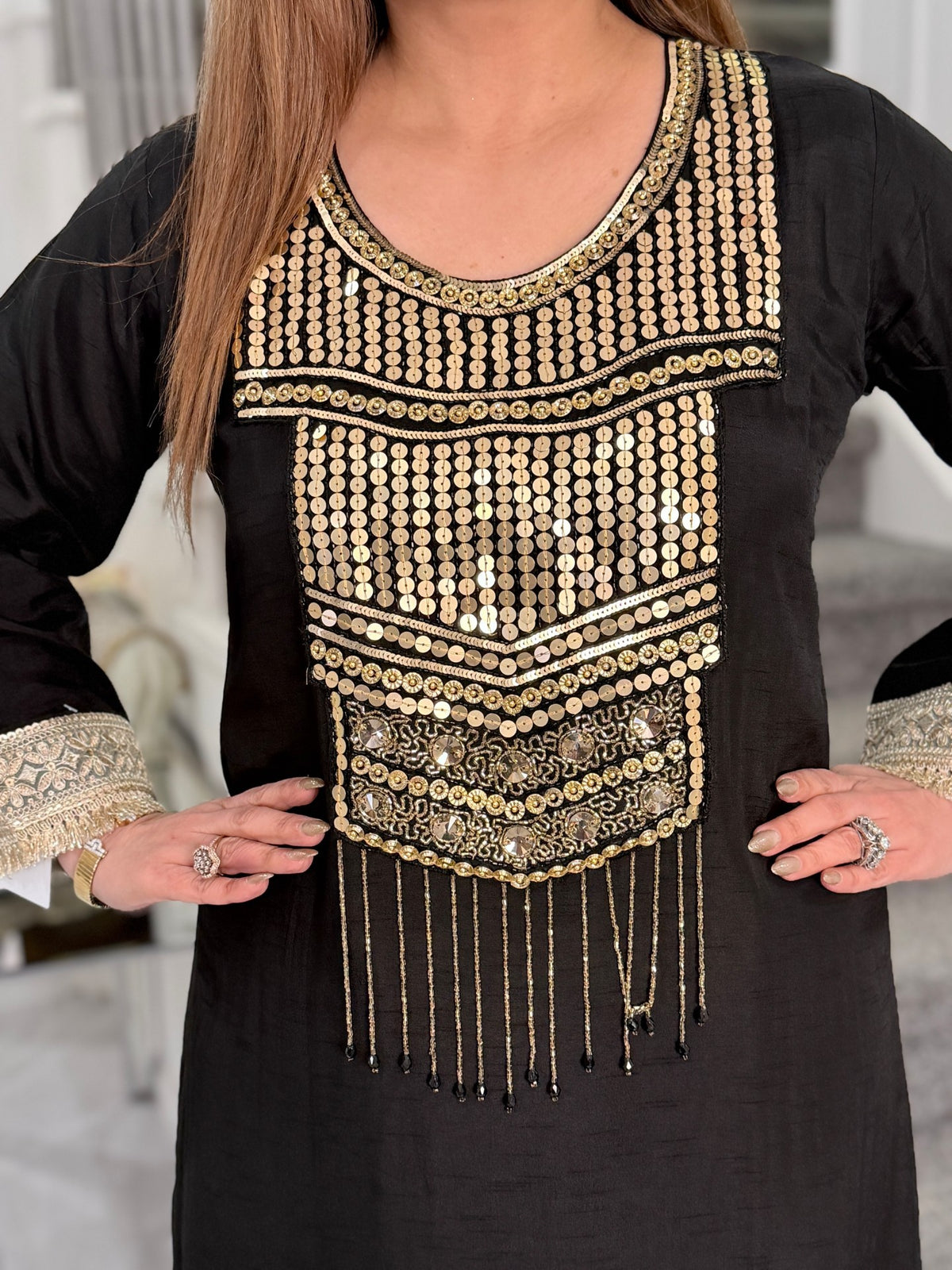 Black Gold Sequin Yoke Fringe Co-ord Set by Panache by Divya - product image 3