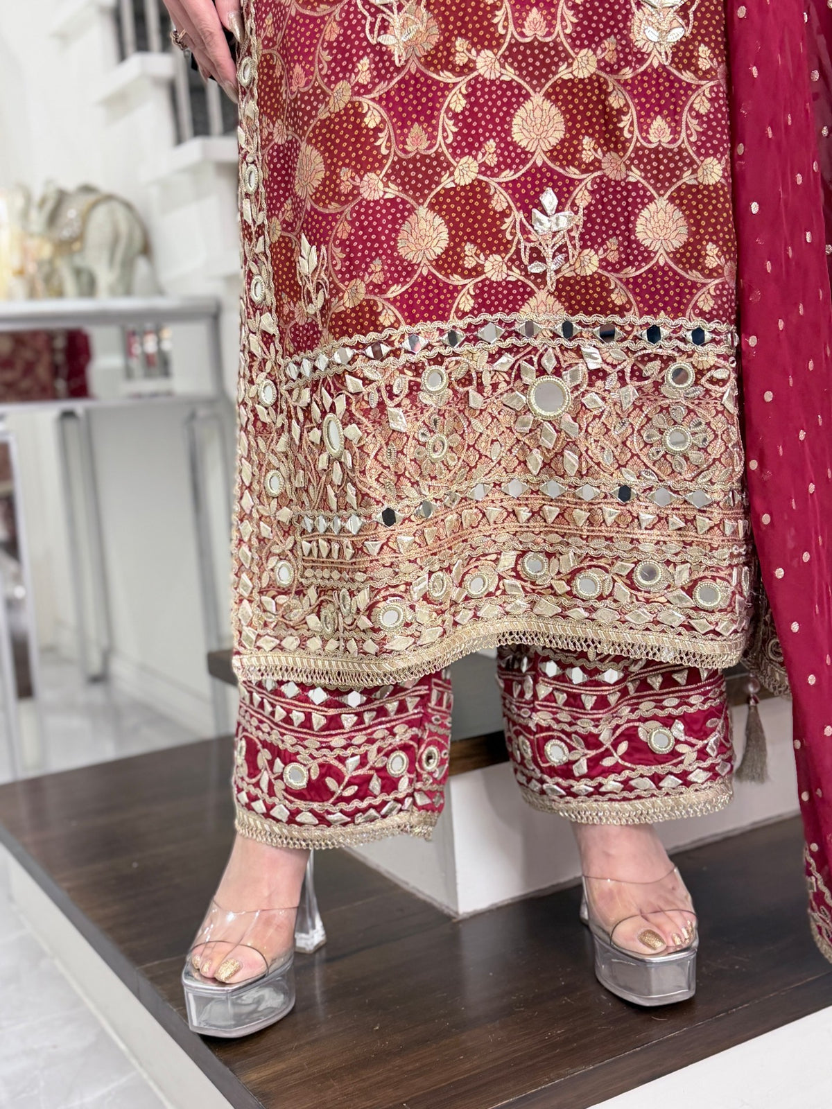 Salwar Kameez - Maroon Red Banarasi Mirror Work Salwar Suit with Dupatta by Panache by Divya - product image 6