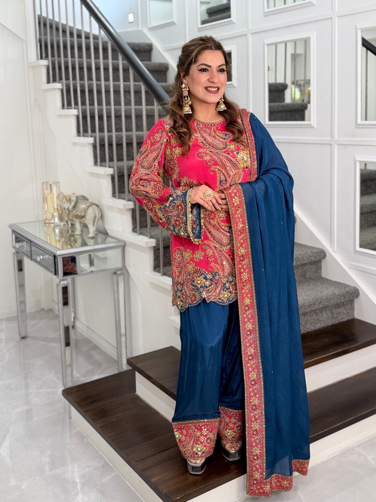 Salwar Kameez - Pink Paisley Embellished Kurti Salwar Set with Teal Dupatta by Panache by Divya - product image 2