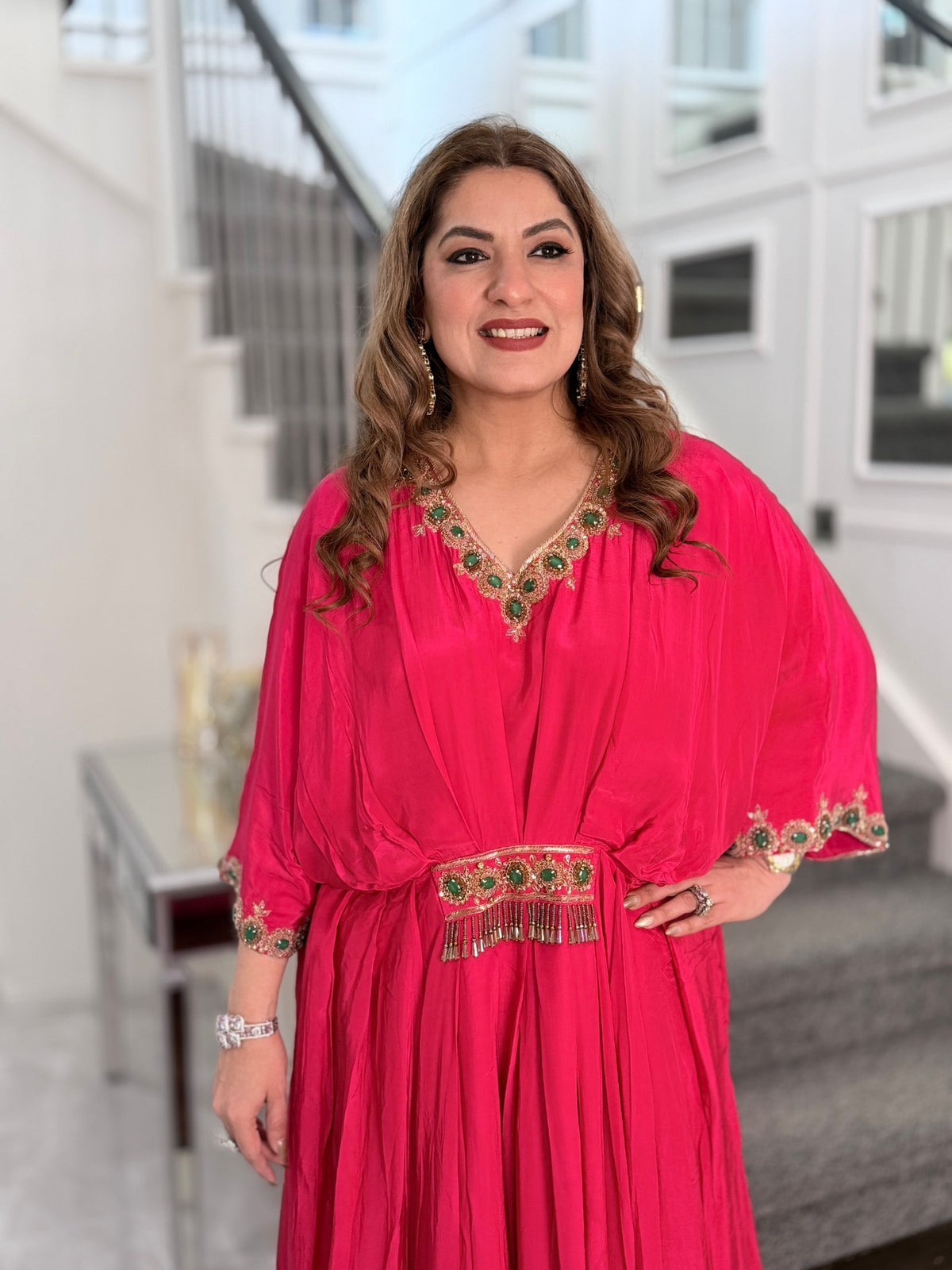 Indo-Western Wear - Hot Pink Silk Kaftan with Emerald Stone Embroidered Neckline and… by Panache by Divya - product image 2