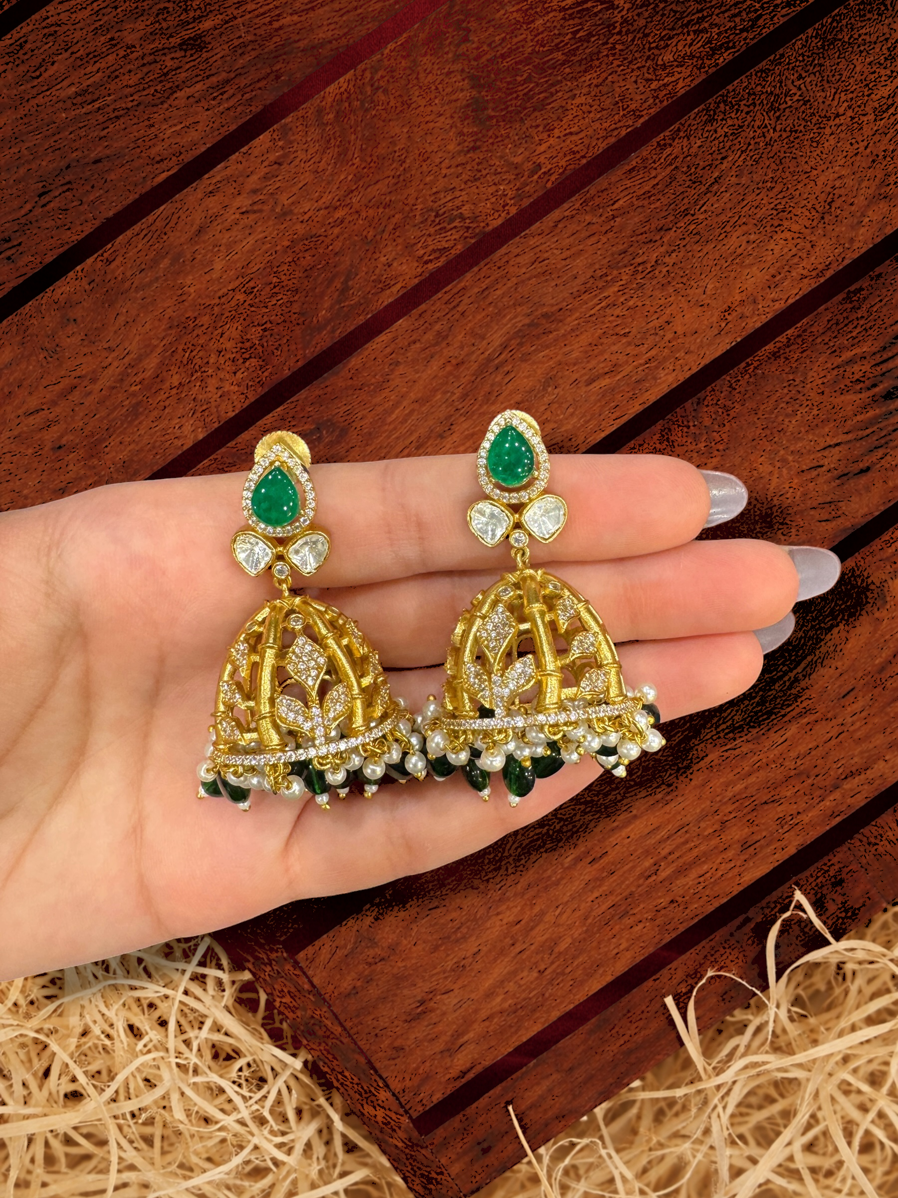 Elegant Gold and Green Jhumka Earrings - Neckpieces & Earring Set