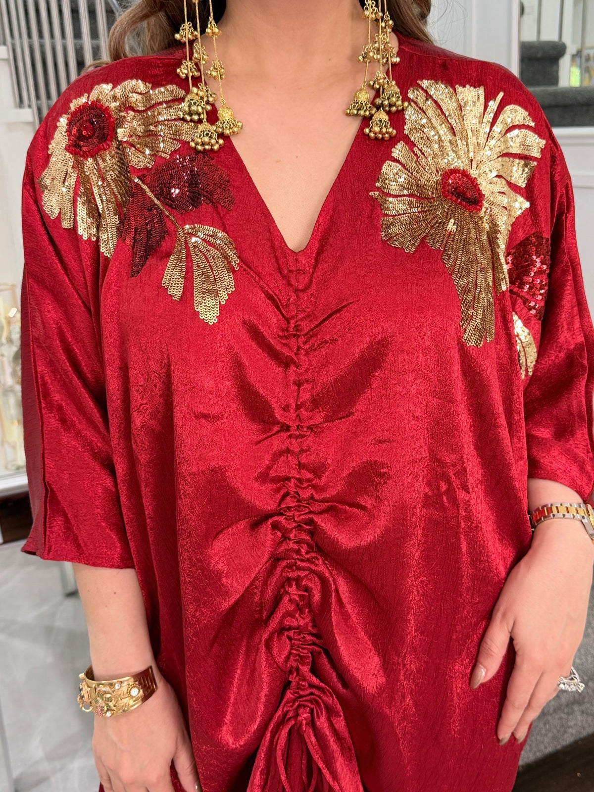 Indo-Western Wear - Maroon Red Satin Ruched Kaftan with Gold Sequin Floral Motifs by Panache by Divya - product image 4