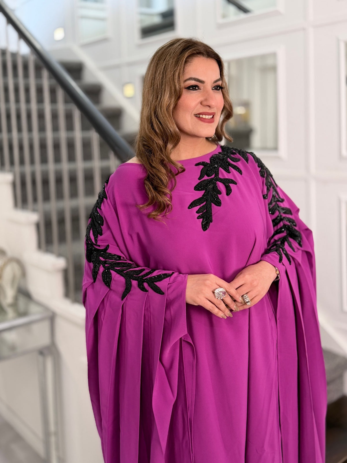 Indo-Western Wear - Magenta Black Beaded Leaf Embroidered Kaftan by Panache by Divya - product image 4