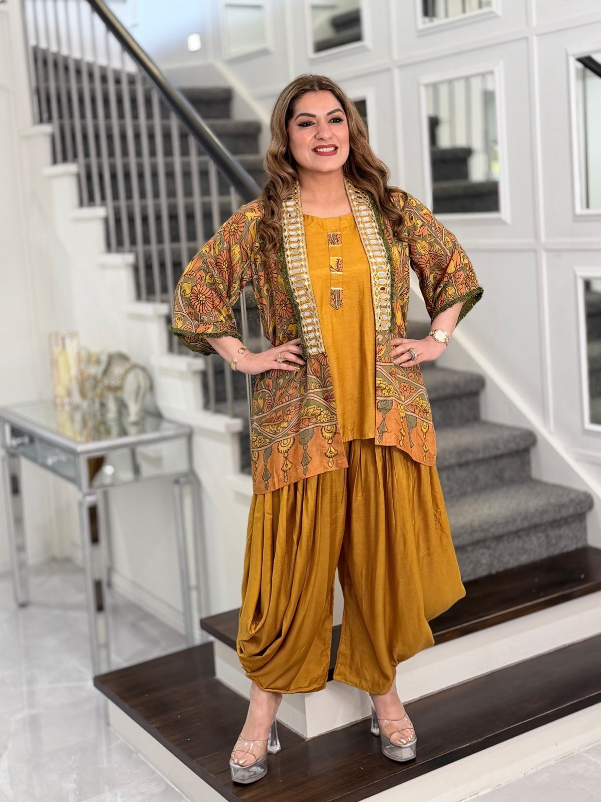 Mustard Kalamkari Mirror Work Jacket Dhoti Co-ord Set by Panache by Divya - product image 2