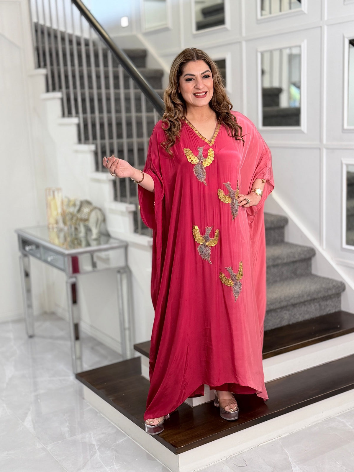 Rose Pink Bird Motif Coin Sequin Kaftan Co-ord Set by Panache by Divya - product image 1