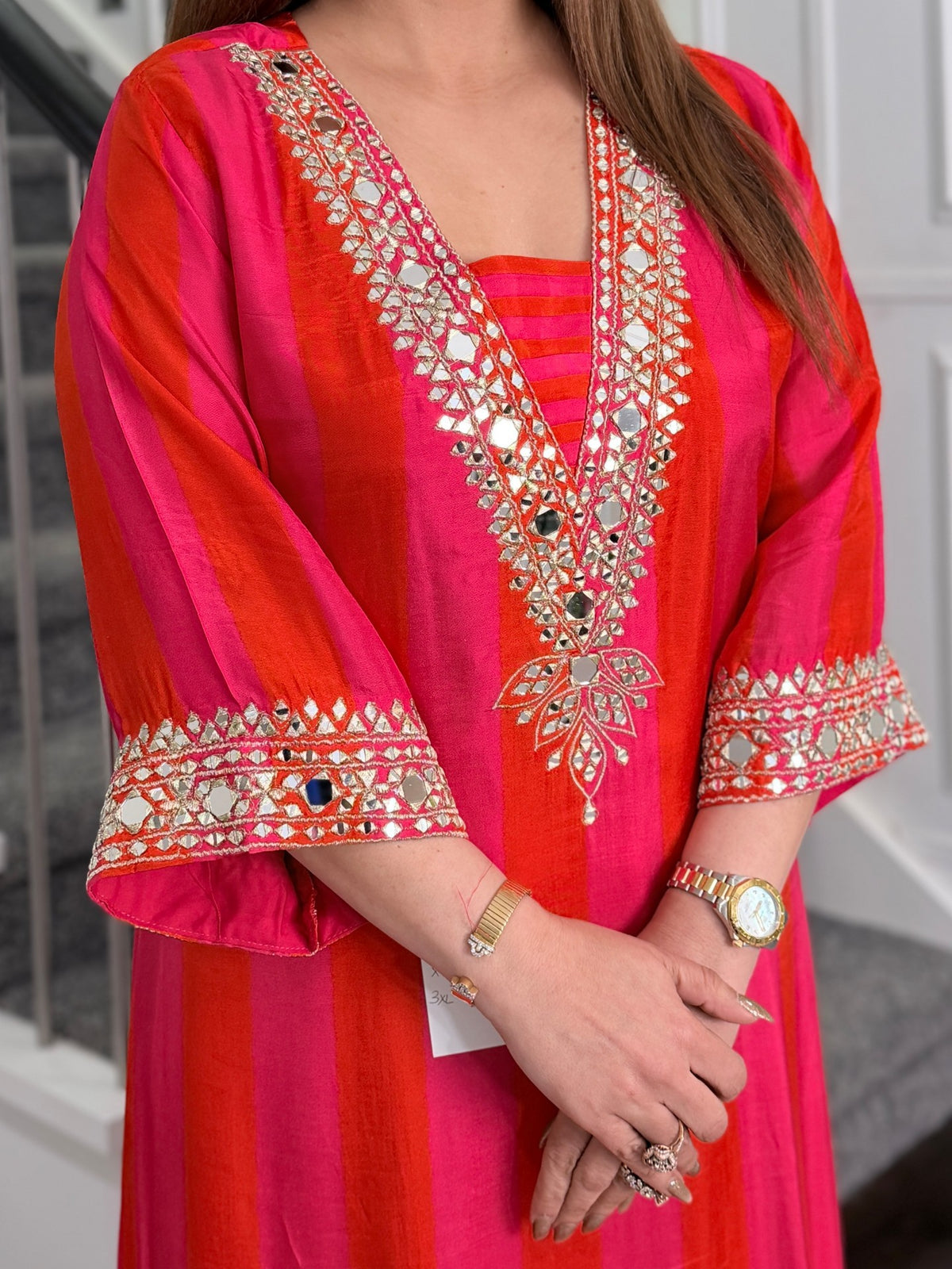 Pink Orange Striped Mirror Work Kurta Co-ord Set with Potli by Panache by Divya - product image 5