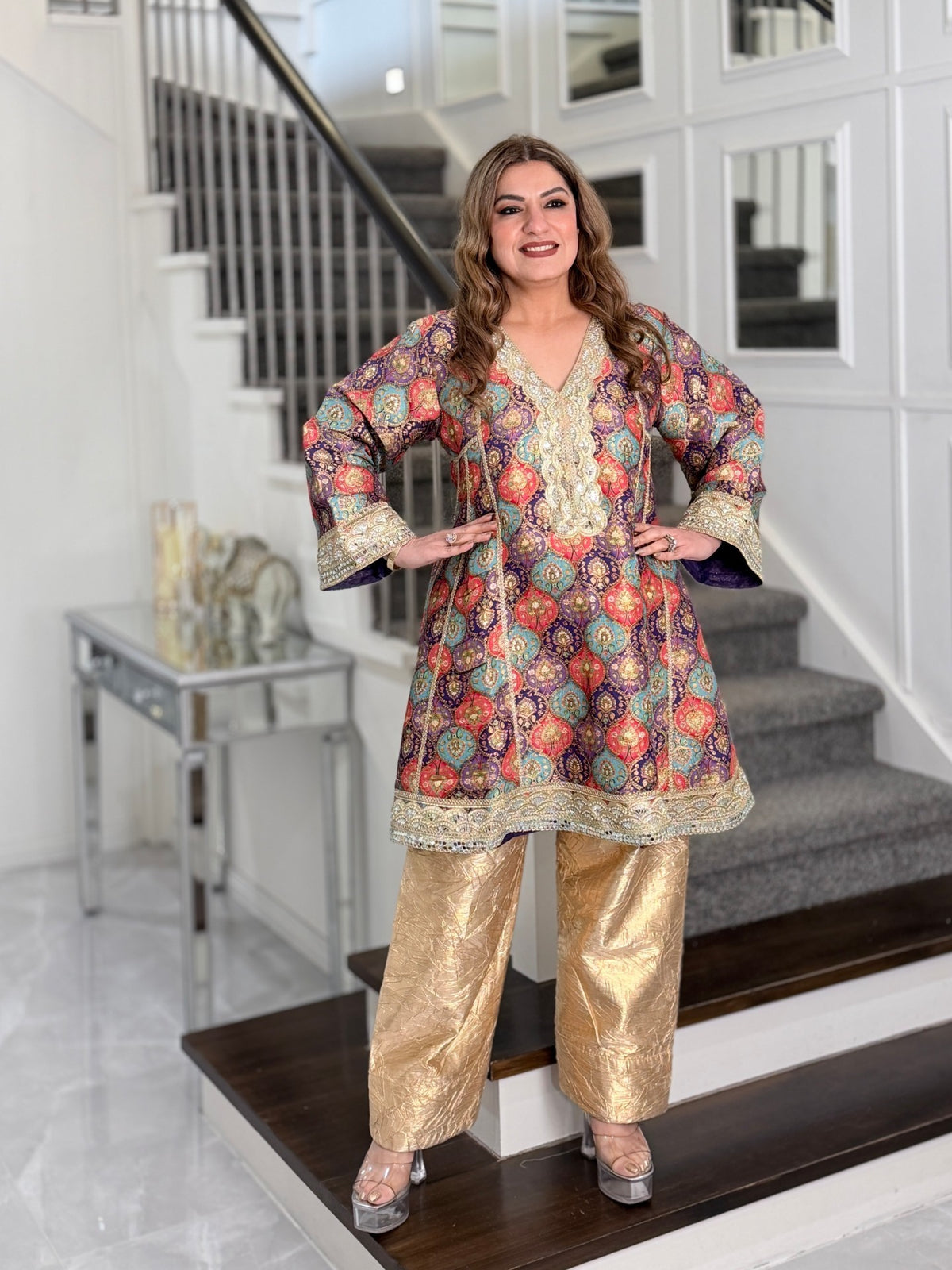 Salwar Kameez - Multicolour Ogee Print Oversized Kurta with Gold Crushed Pants by Panache by Divya - product image 1