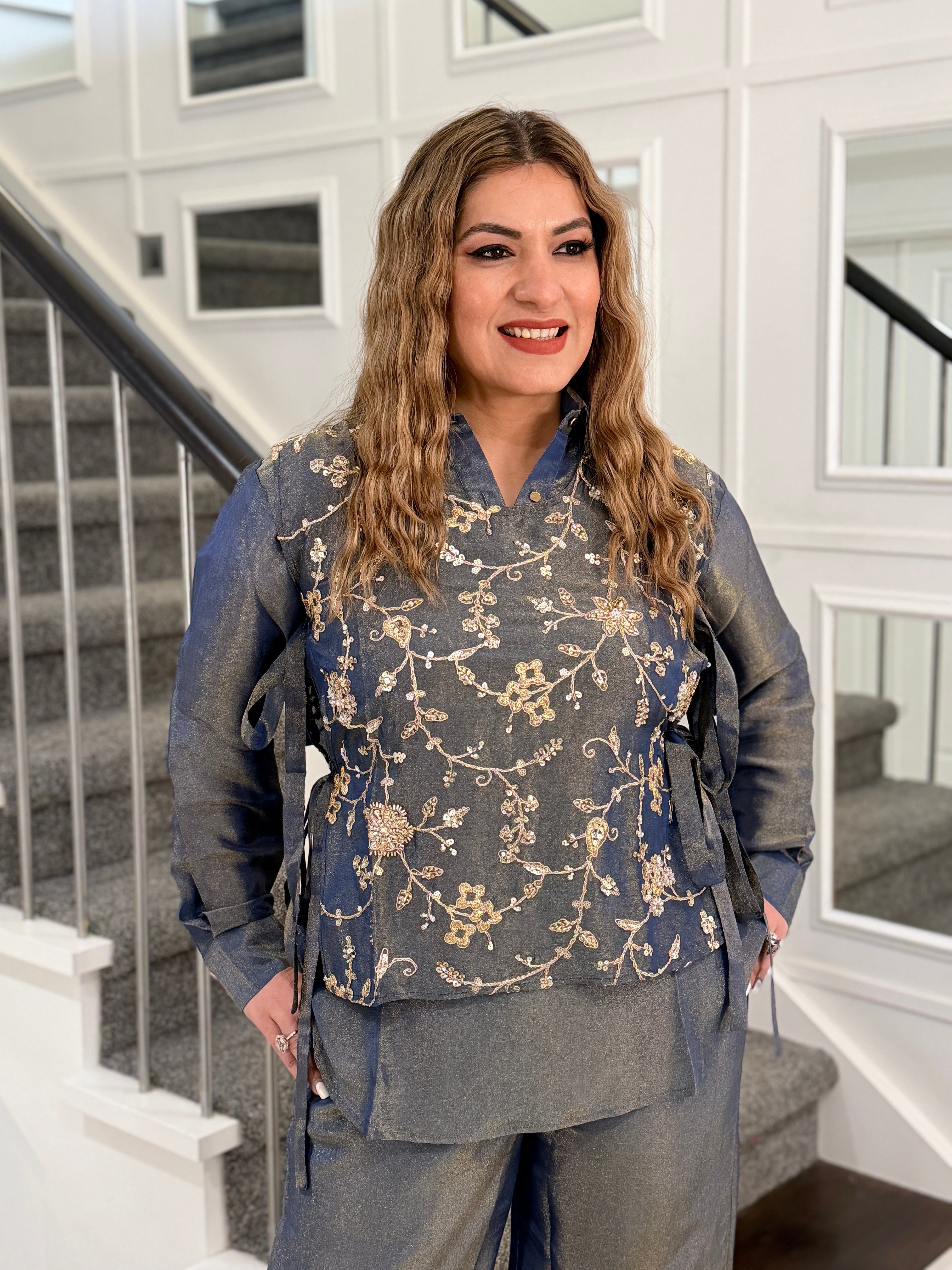 Navy Embroidered Indo-Western Ensemble - Indo-western Wear