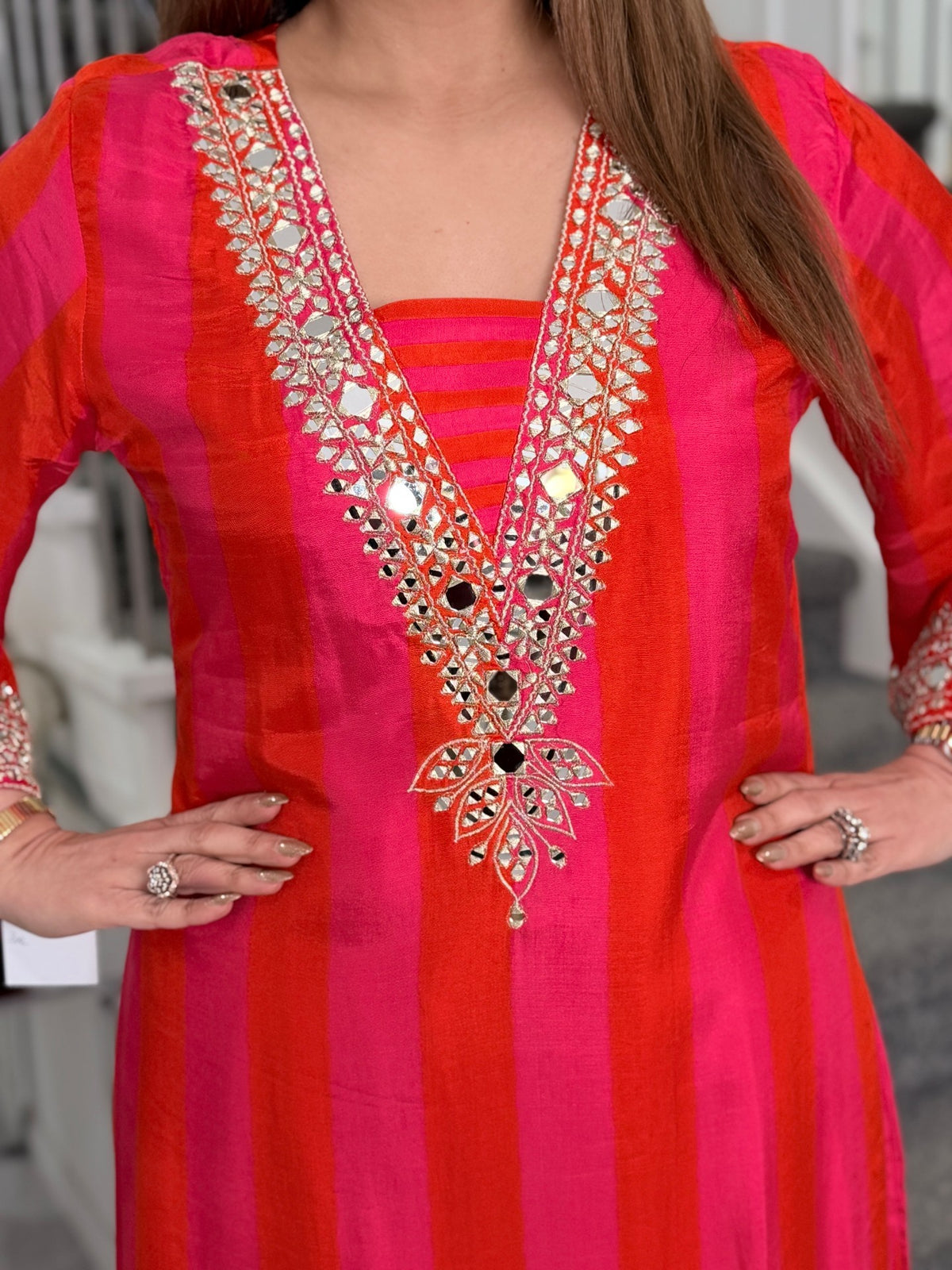 Pink Orange Striped Mirror Work Kurta Co-ord Set with Potli by Panache by Divya - product image 4