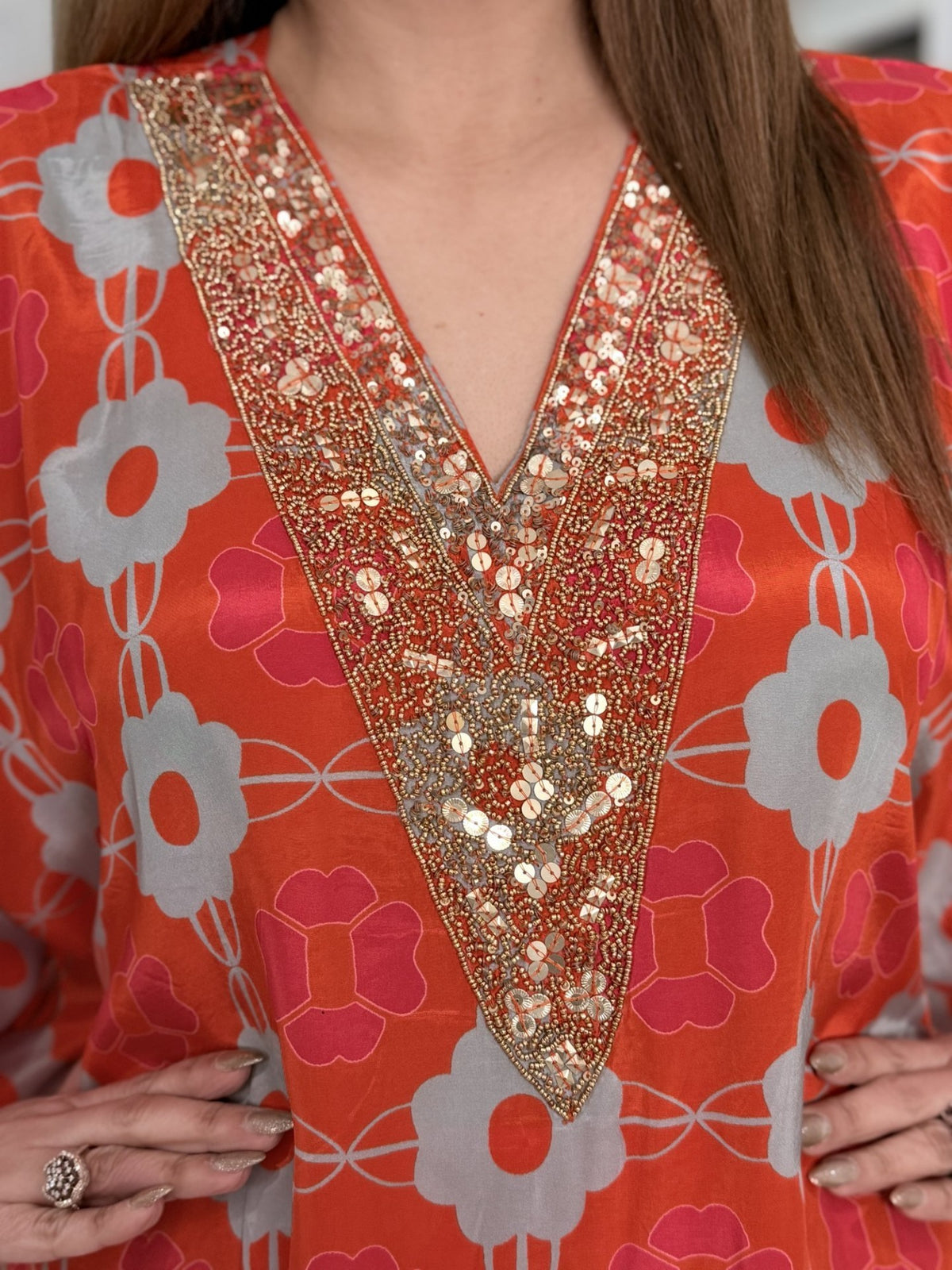 Orange Retro Floral Print Sequin V-Neck Kaftan Co-ord Set by Panache by Divya - product image 4