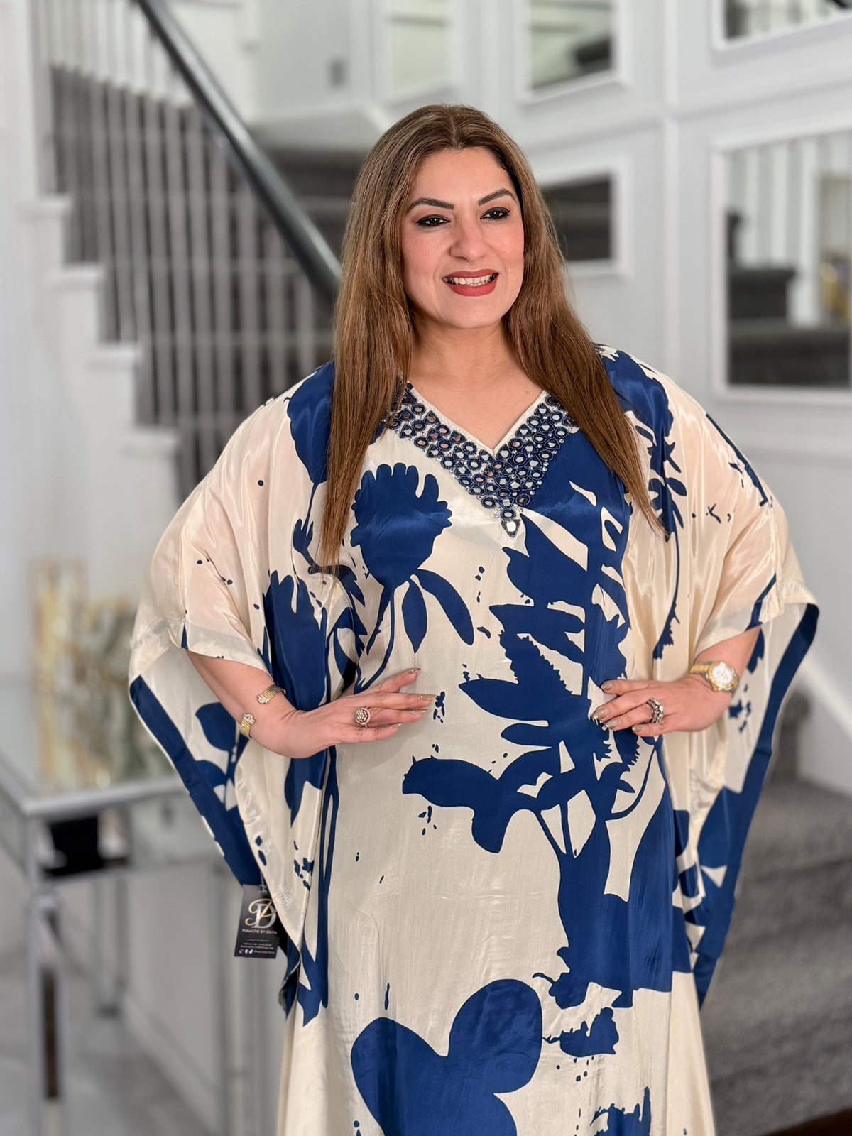 Cream Navy Botanical Print Mirror Work Kaftan Co-ord Set by Panache by Divya - product image 2