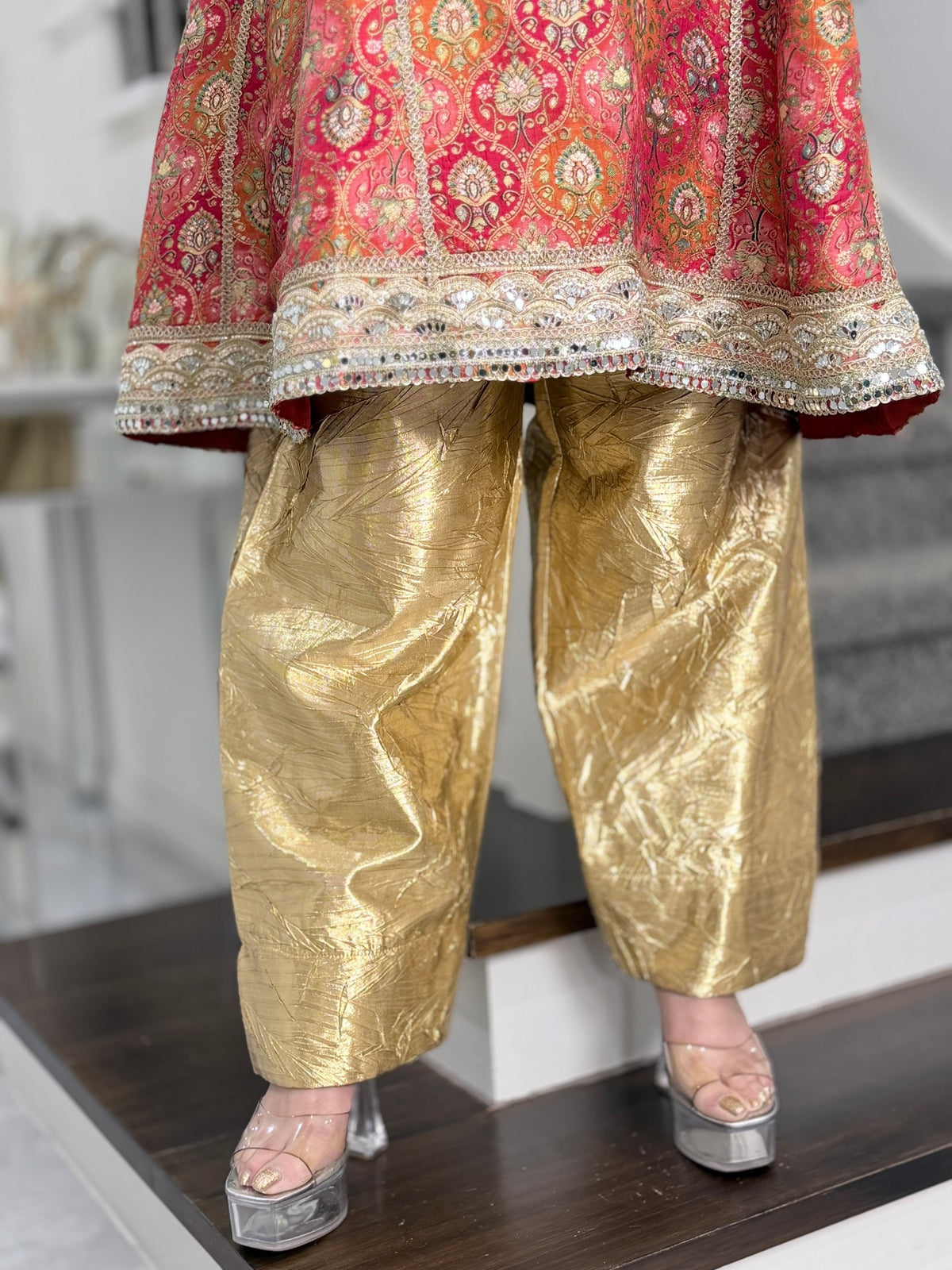 Salwar Kameez - Red Orange Paisley Print Oversized Kurta with Gold Crushed Salwar by Panache by Divya - product image 7