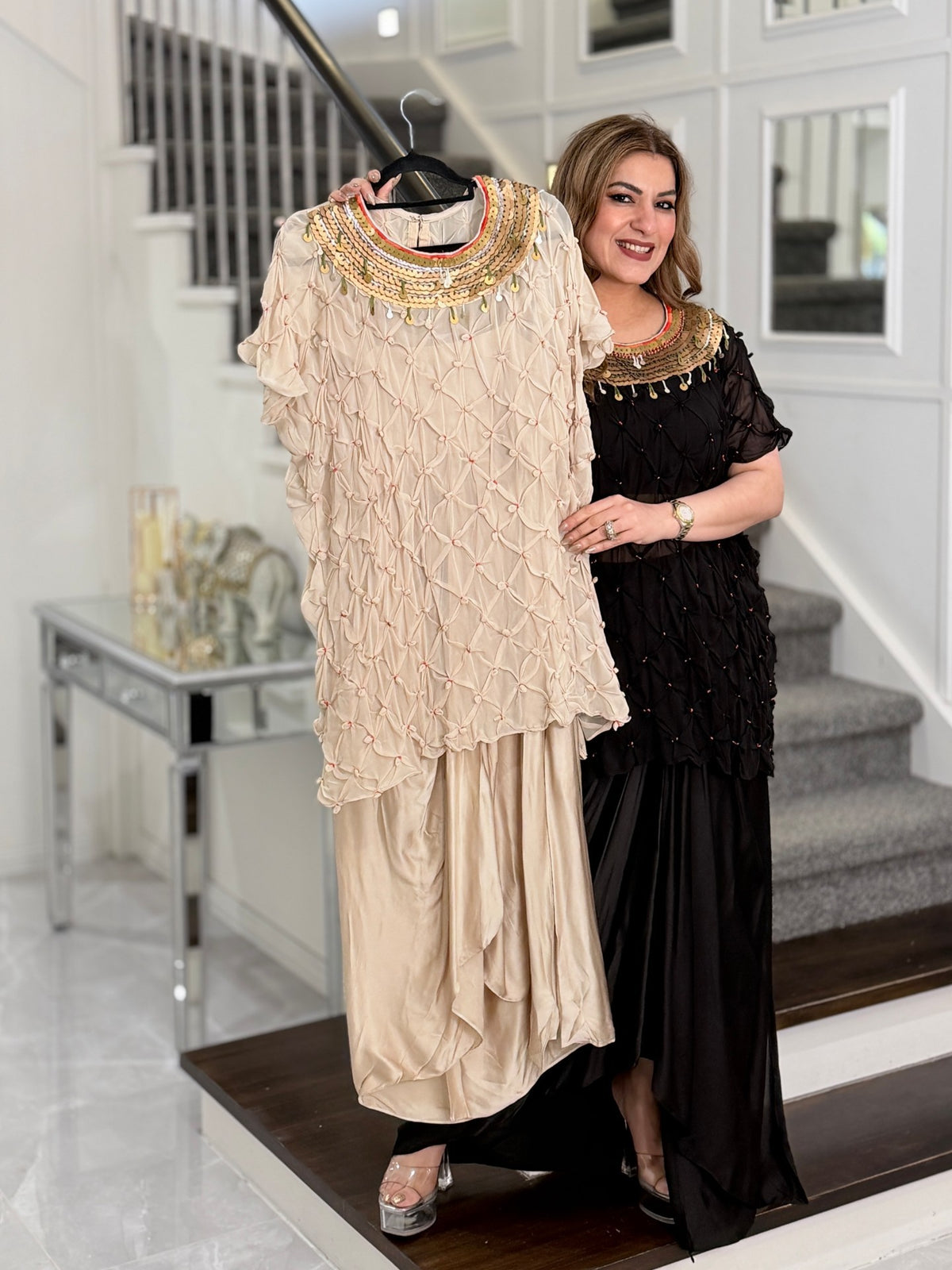 Indo-Western Wear - Beige Smocked Sheer Top with Gold Sequin Collar and Draped Dhoti… by Panache by Divya - product image 2