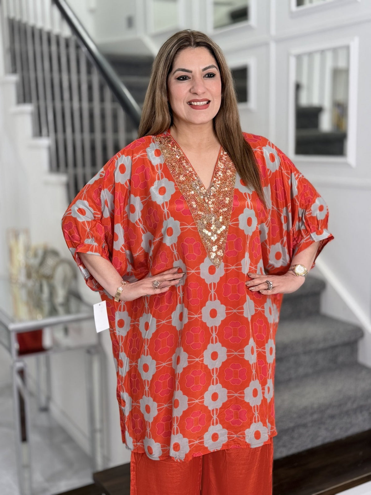 Orange Retro Floral Print Sequin V-Neck Kaftan Co-ord Set by Panache by Divya - product image 2