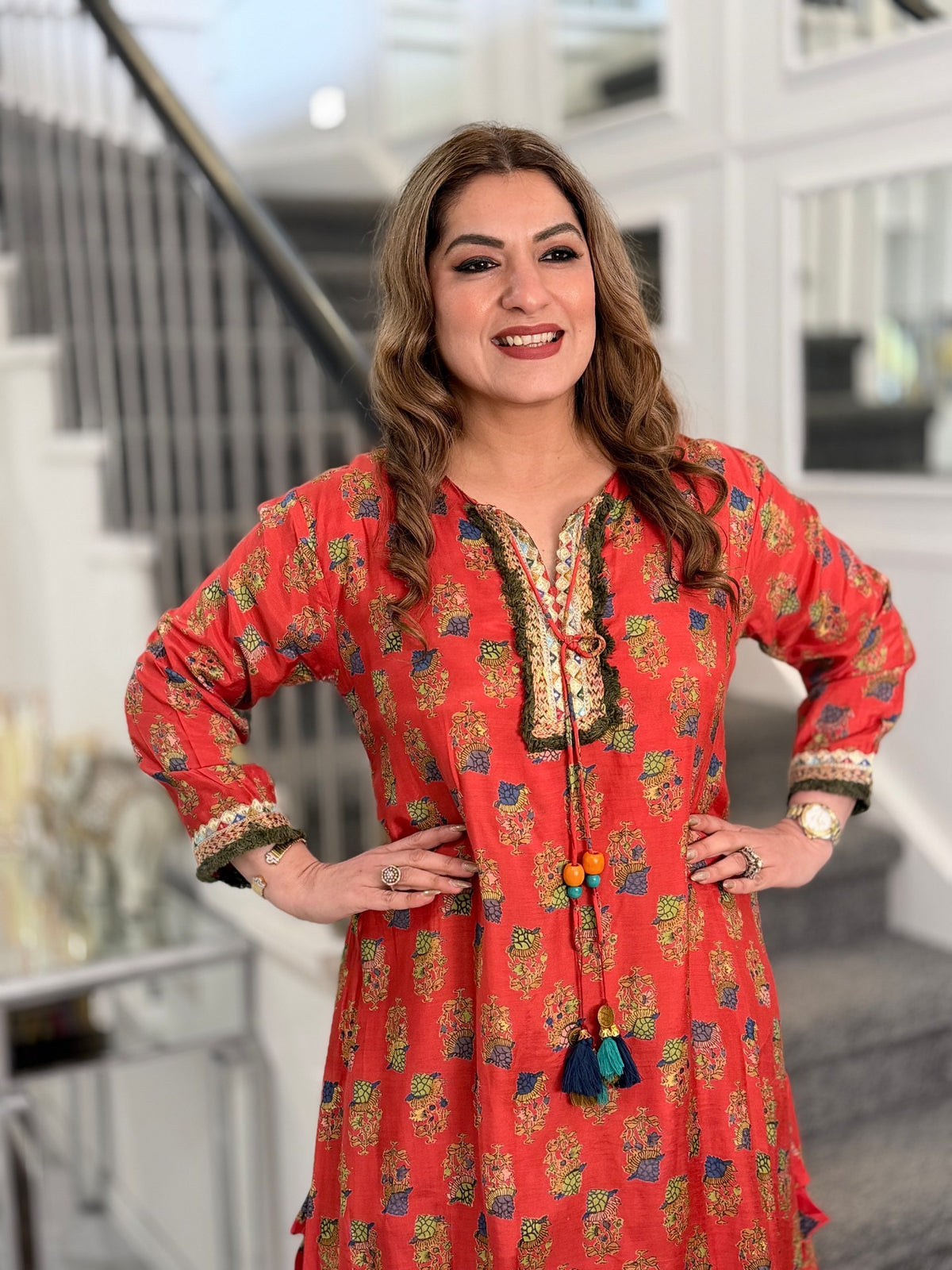Coral Block Print Tassel Kurta with Striped Dhoti Co-ord Set by Panache by Divya - product image 3