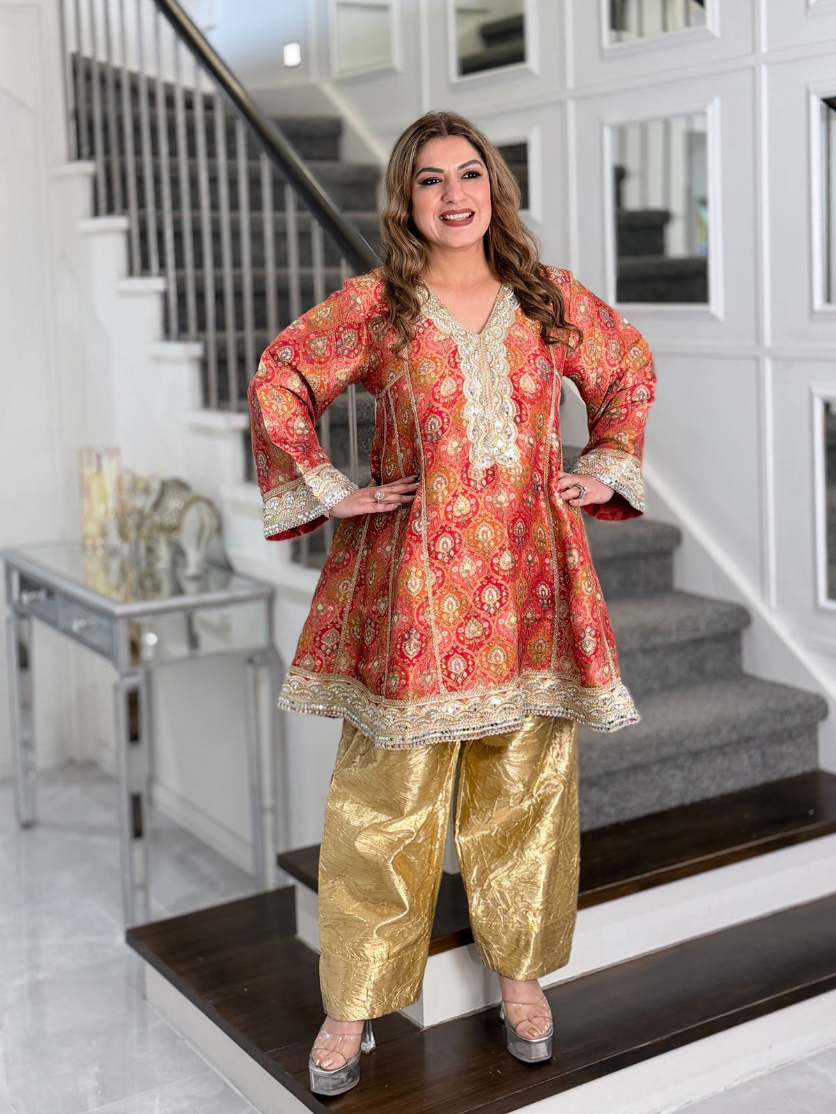 Salwar Kameez - Red Orange Paisley Print Oversized Kurta with Gold Crushed Salwar by Panache by Divya - product image 3