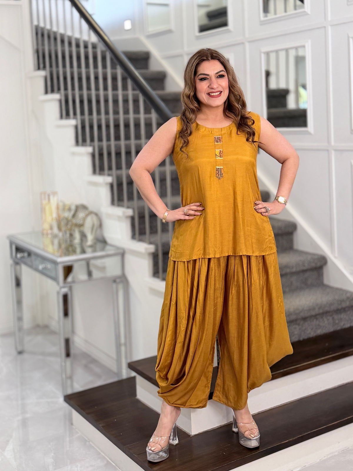 Mustard Kalamkari Mirror Work Jacket Dhoti Co-ord Set by Panache by Divya - product image 6