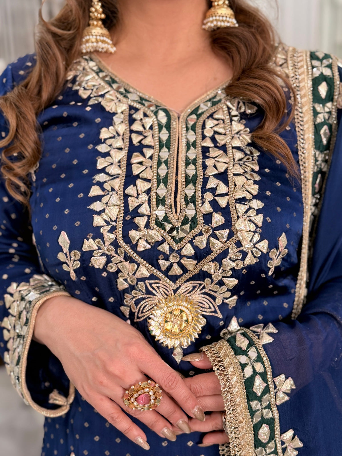 Salwar Kameez - Navy Blue Green Gota Patti Kurta Sharara Suit with Dupatta by Panache by Divya - product image 6