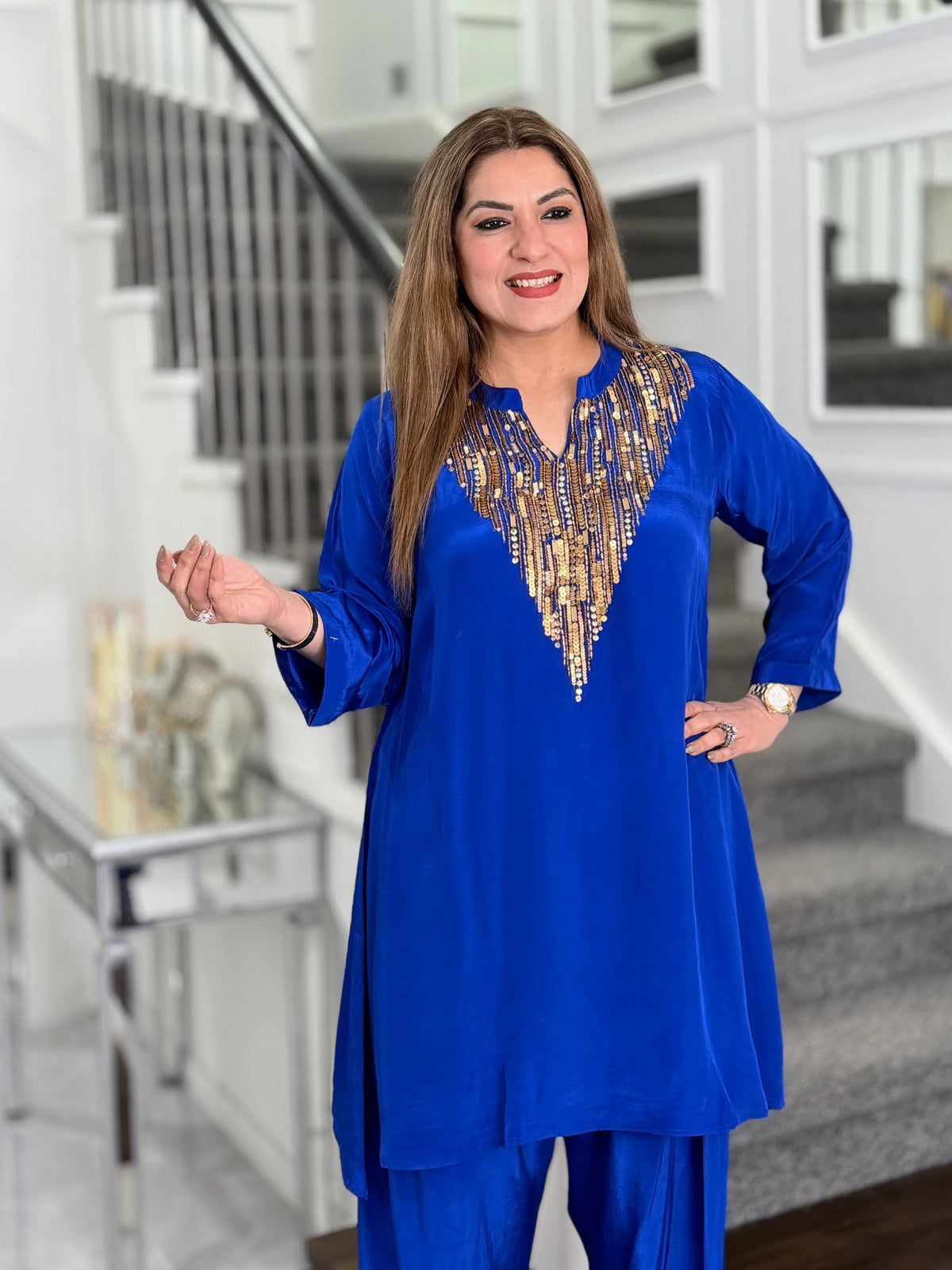 Royal Blue Gold Sequin Fringe Yoke Co-ord Set by Panache by Divya - product image 2