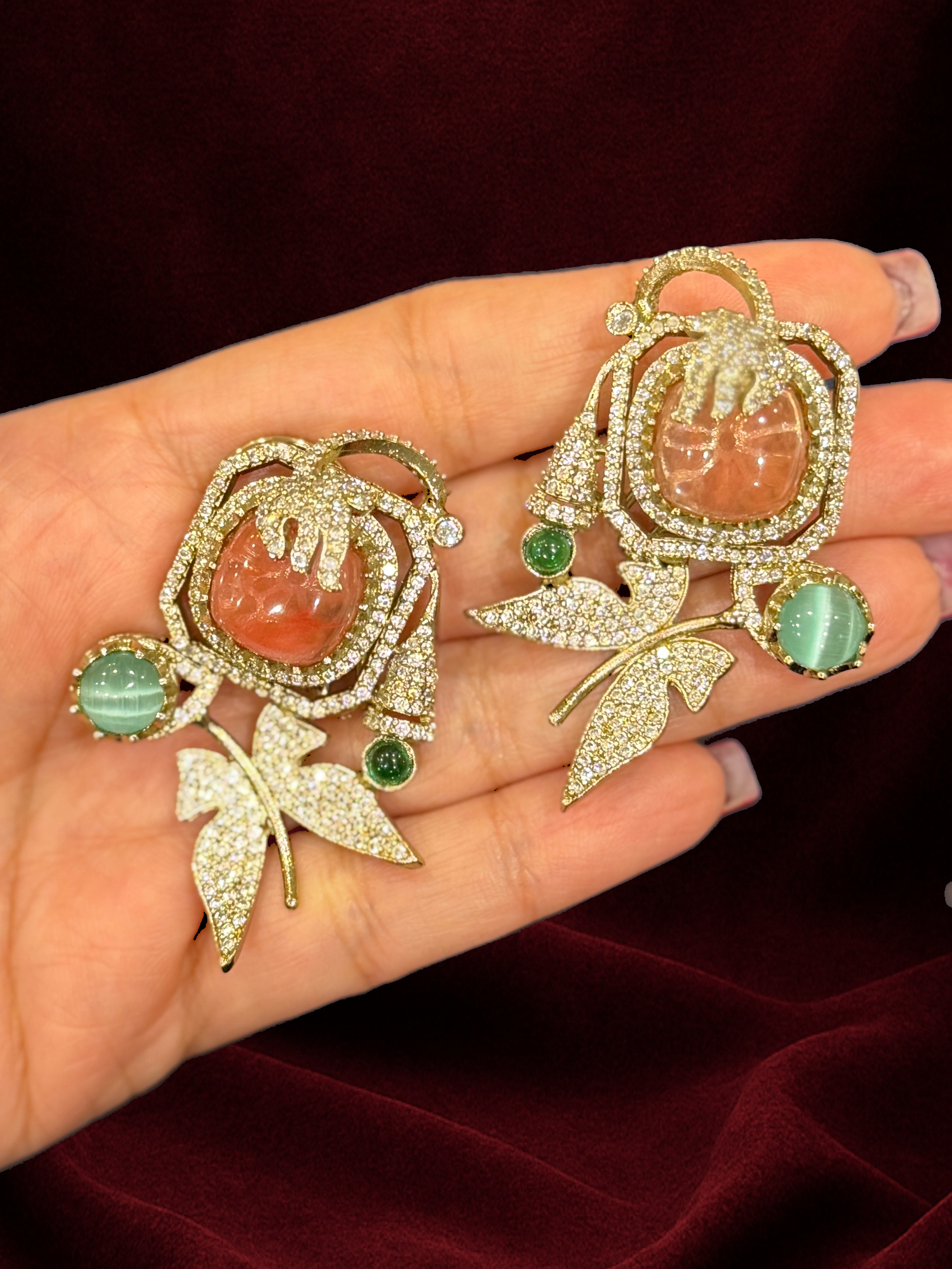 Elegant Gold Leaf Drop Earrings with Green Stones - Earrings - Western/ Indo Western