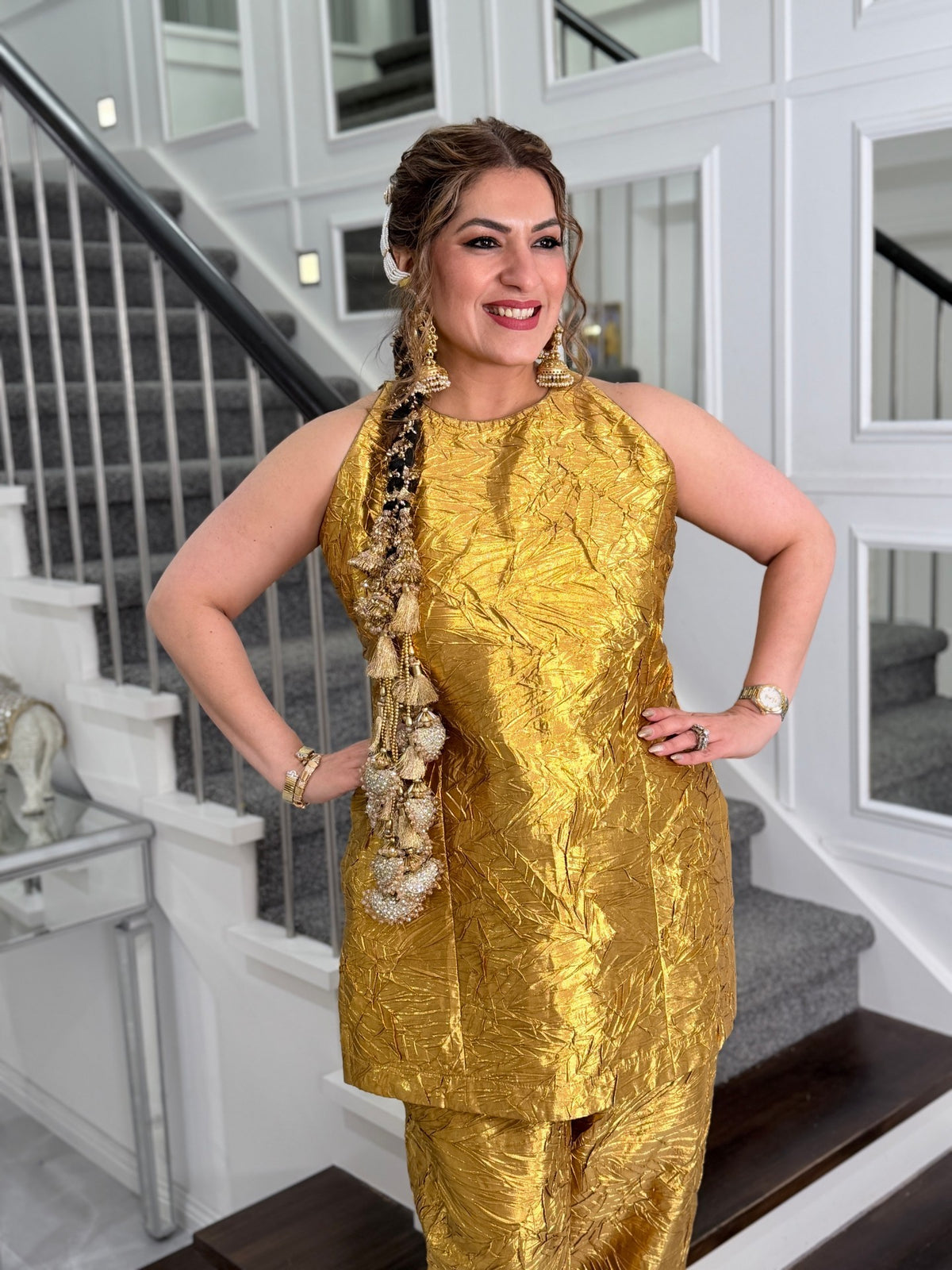 Gold Crushed Metallic Salwar Kameez with Olive Banarasi Dupatta by Panache by Divya - product image 4
