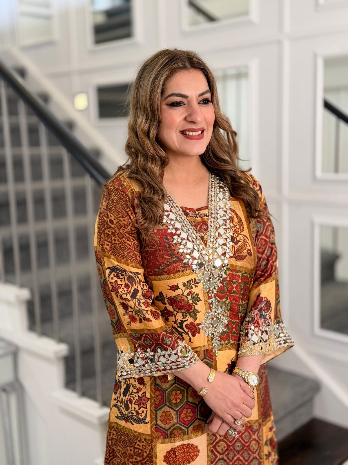 Rust Patchwork Print Mirror Work Kaftan Co-ord Set with Potli by Panache by Divya - product image 5