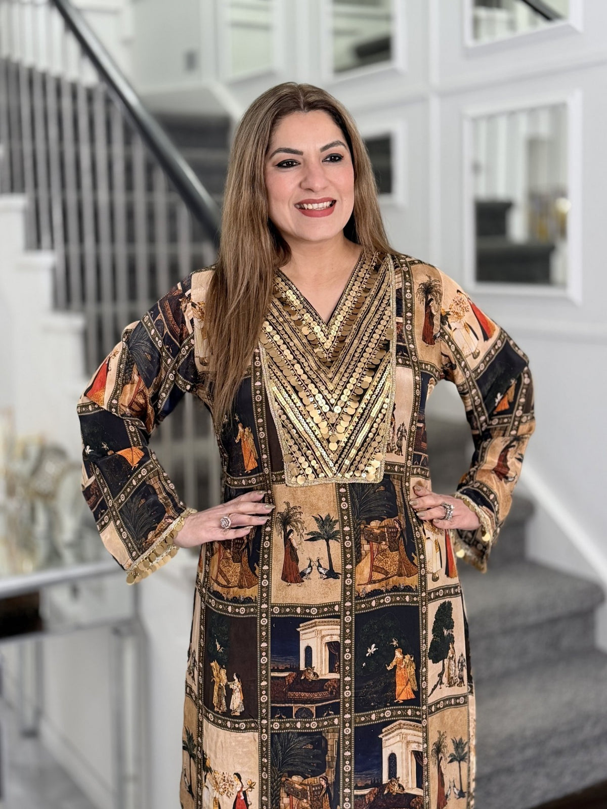 Miniature Panel Print Gold Coin V-Yoke Kurta Co-ord Set by Panache by Divya - product image 2