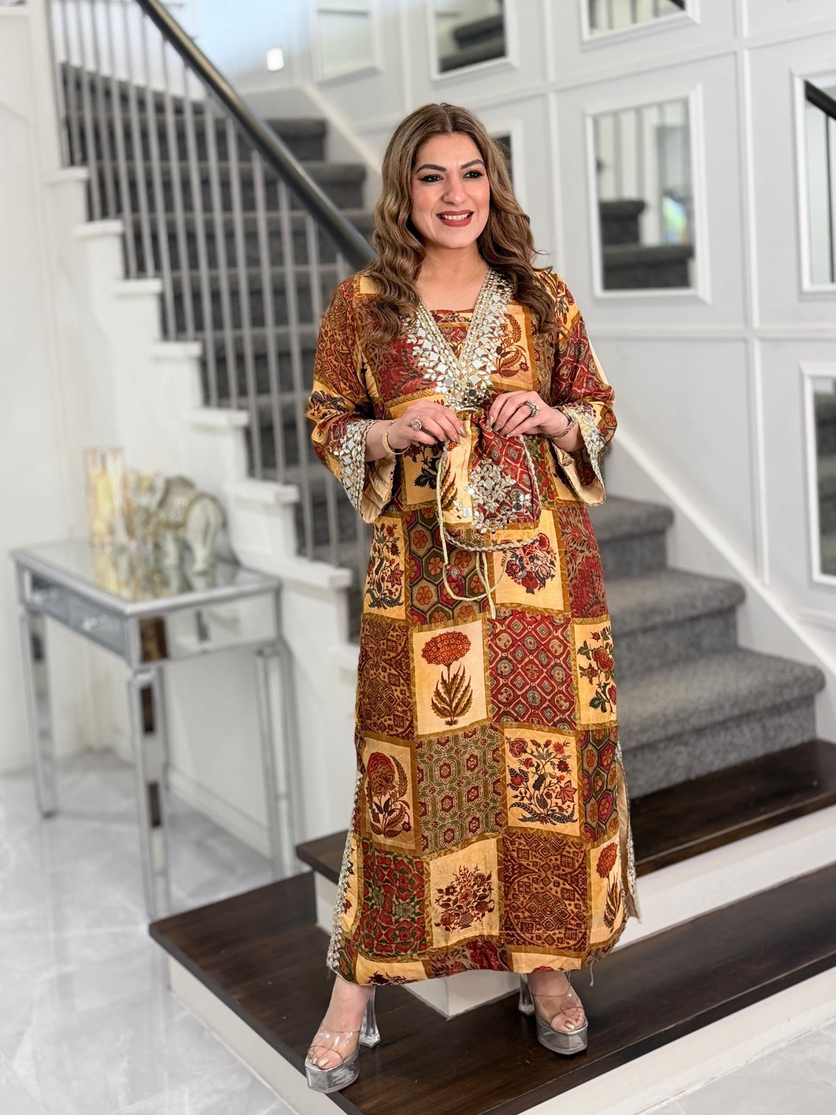 Rust Patchwork Print Mirror Work Kaftan Co-ord Set with Potli by Panache by Divya - product image 2