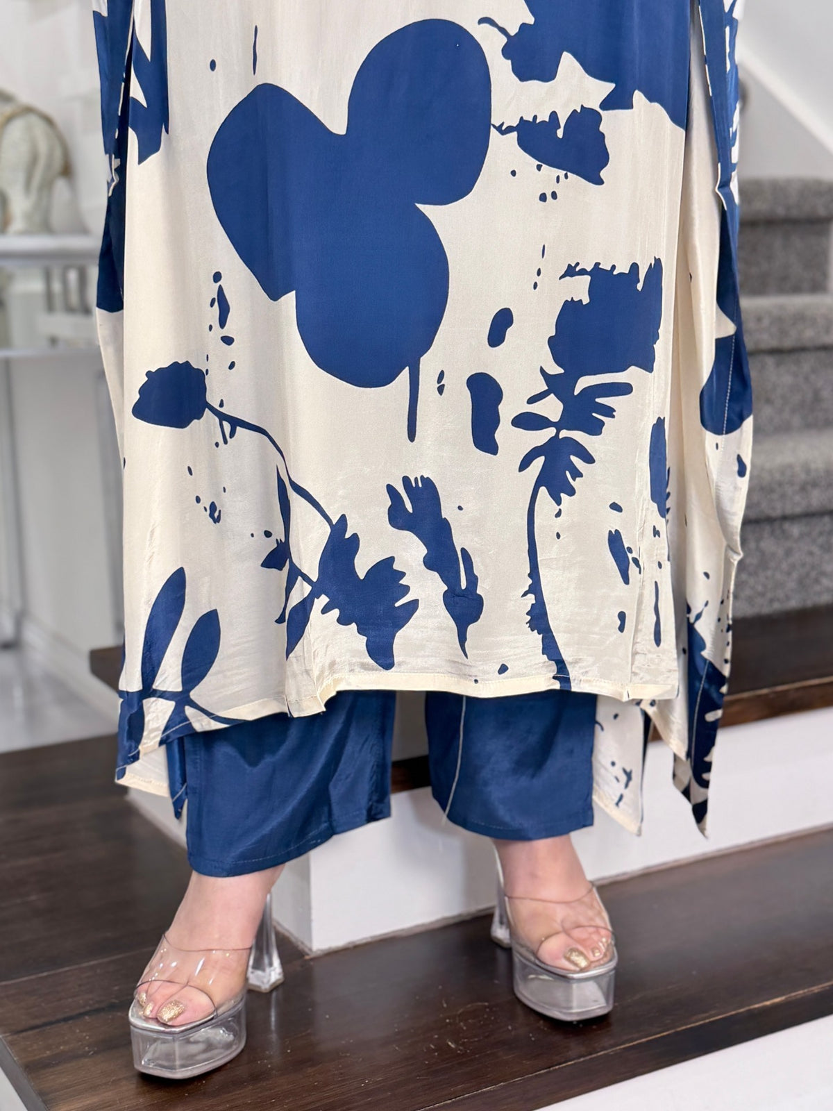 Cream Navy Botanical Print Mirror Work Kaftan Co-ord Set by Panache by Divya - product image 5