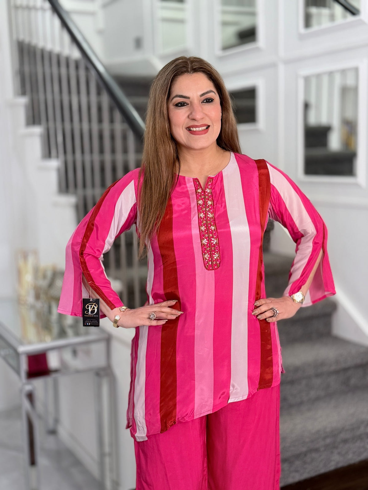 Pink Red Striped Embroidered Placket Co-ord Set by Panache by Divya - product image 2