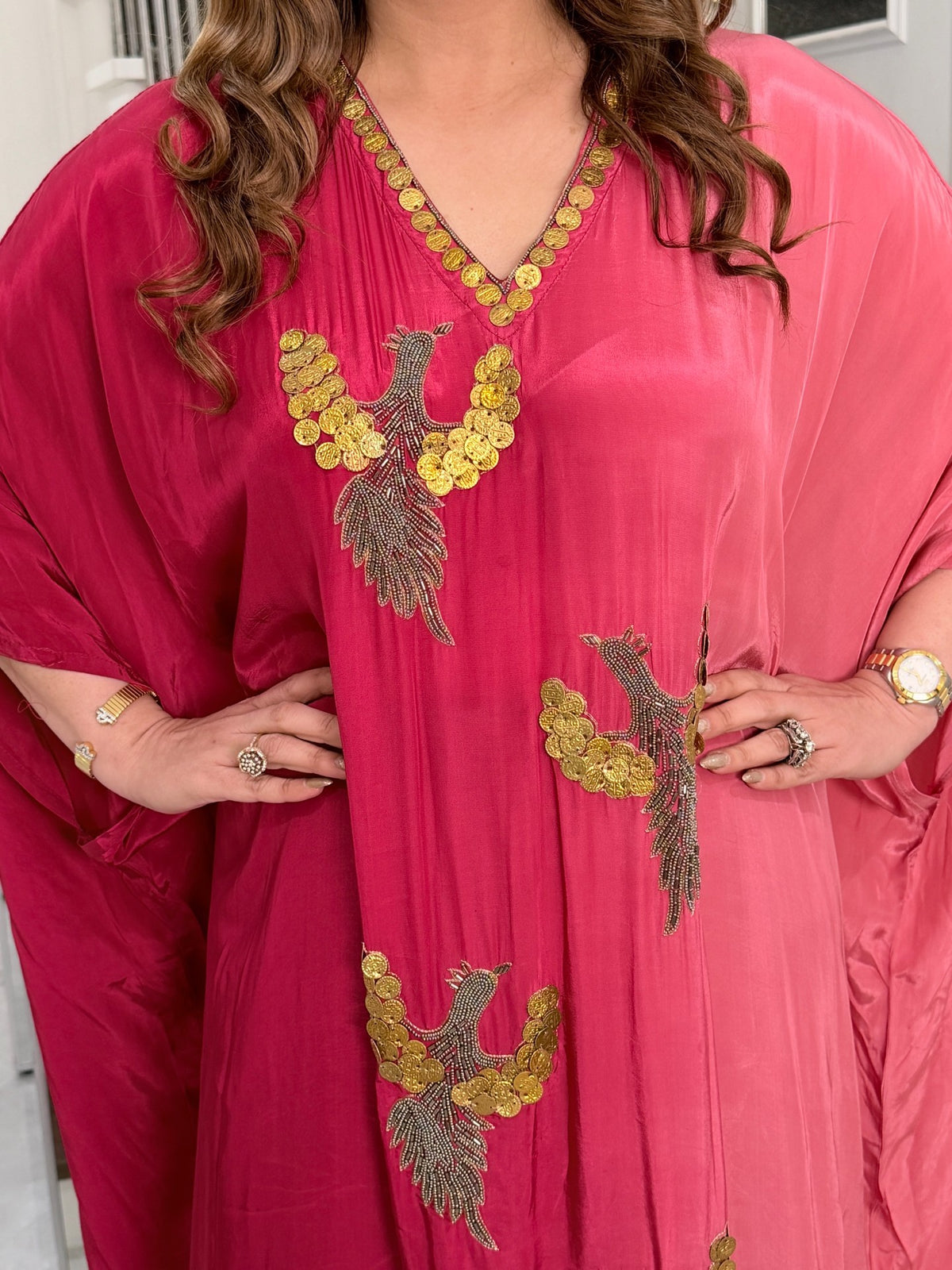 Rose Pink Bird Motif Coin Sequin Kaftan Co-ord Set by Panache by Divya - product image 4