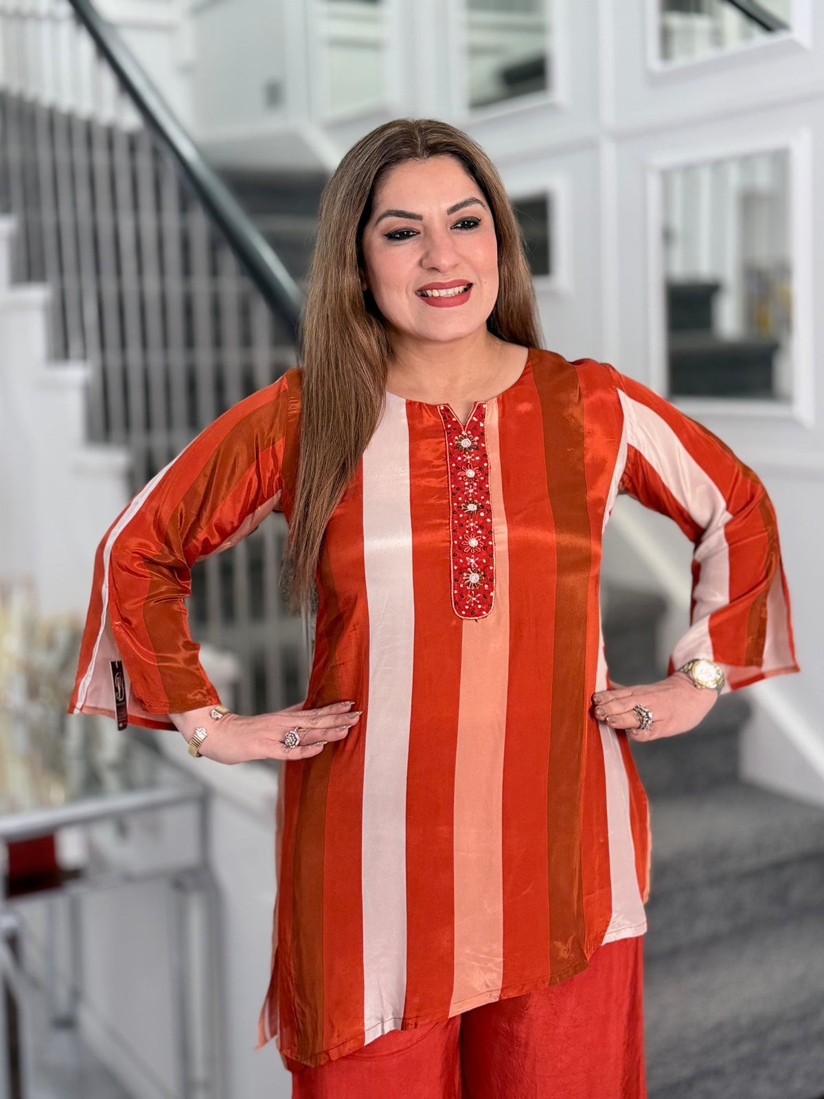Rust Peach Striped Embroidered Placket Co-ord Set by Panache by Divya - product image 2