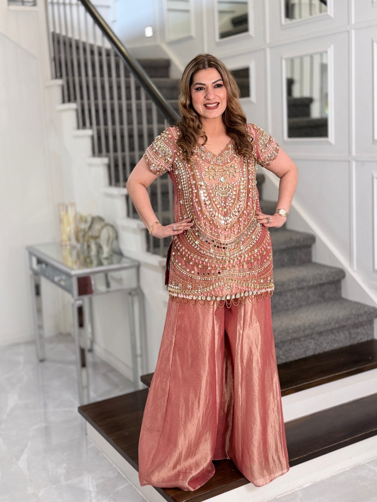 Salwar Kameez - Rose Gold Mirror Work Embellished Kurta Sharara Set with Dupatta by Panache by Divya - product image 3