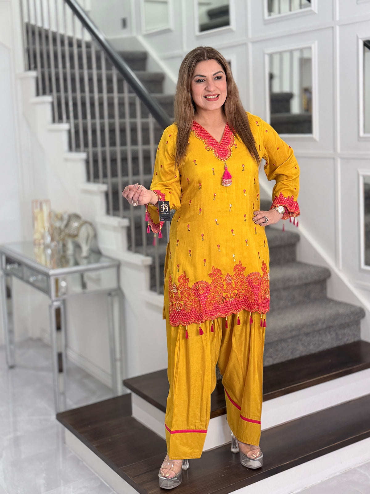 Mustard Pink Cutwork Embroidered Tassel Coord-set