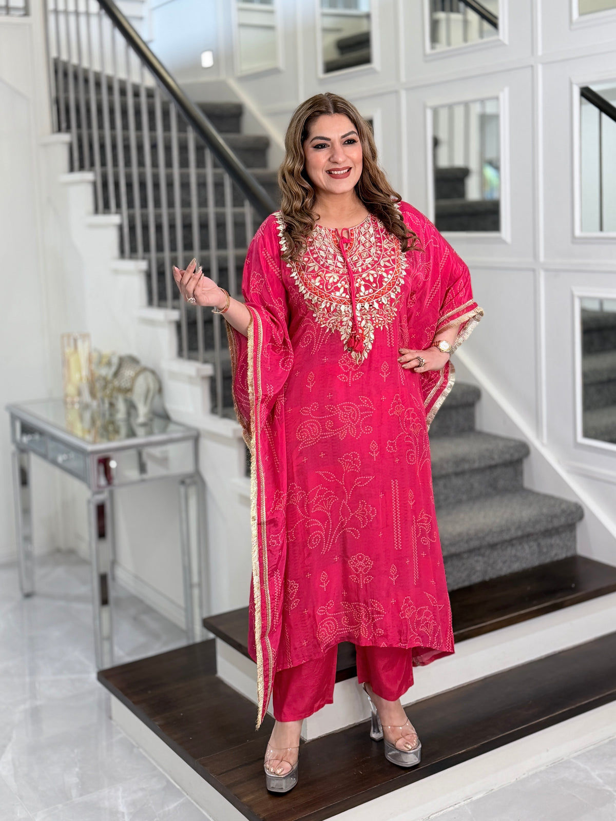 Pink Bandhani Gota Patti Kaftan Co-ord Set