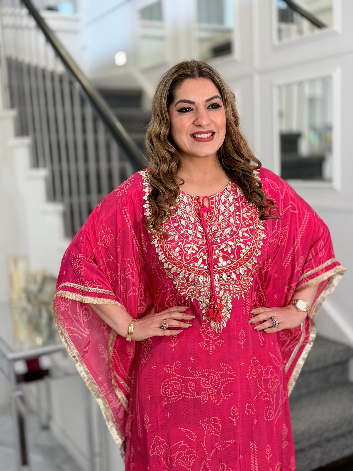 Pink Bandhani Gota Patti Kaftan Co-ord Set