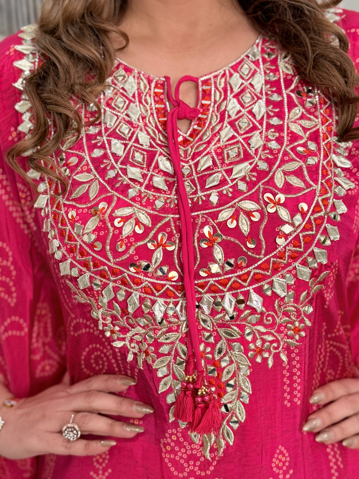 Pink Bandhani Gota Patti Kaftan Co-ord Set