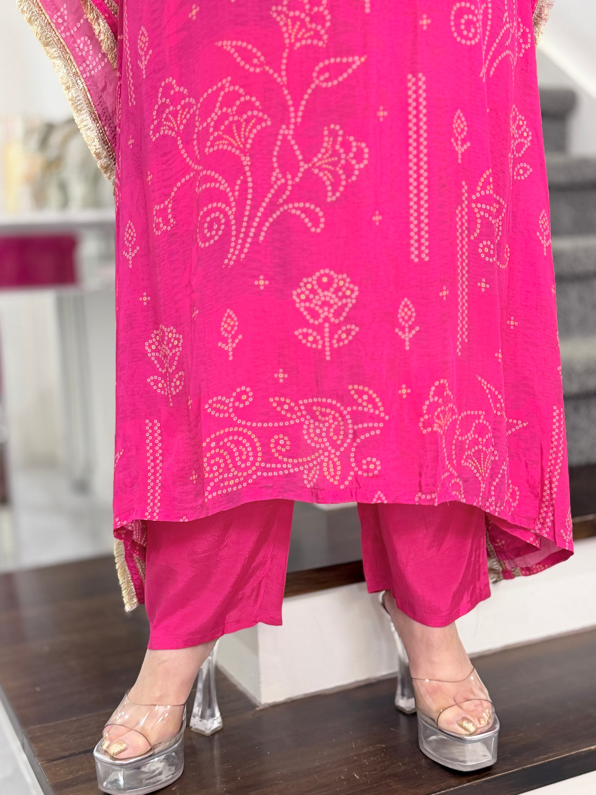 Pink Bandhani Gota Patti Kaftan Co-ord Set