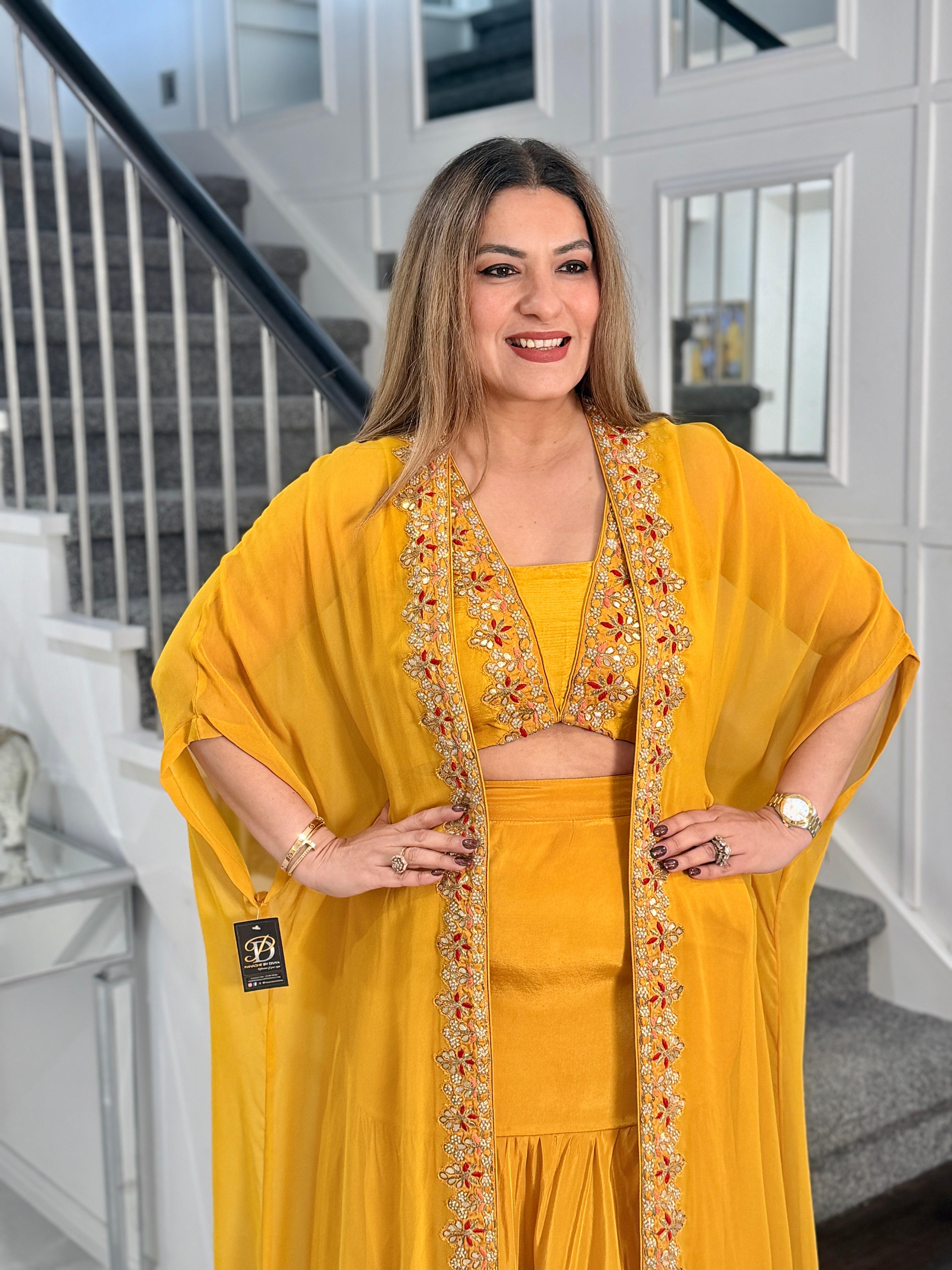 Yellow Embroidered Cape Dress