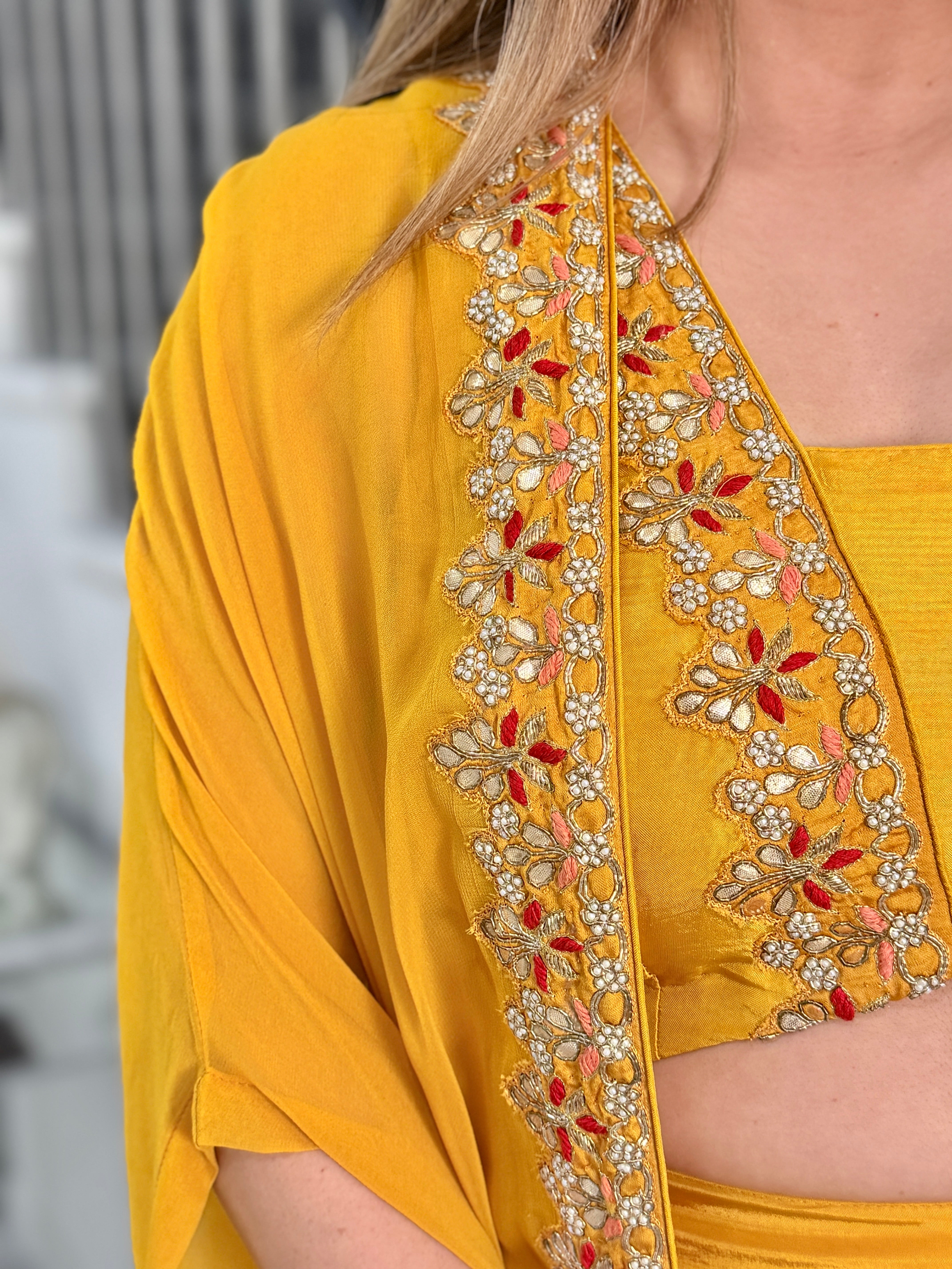 Yellow Embroidered Cape Dress