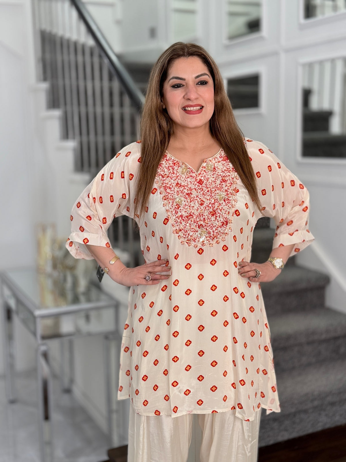Cream Floral Print Sequin Yoke Co-ord Set by Panache by Divya - product image 2
