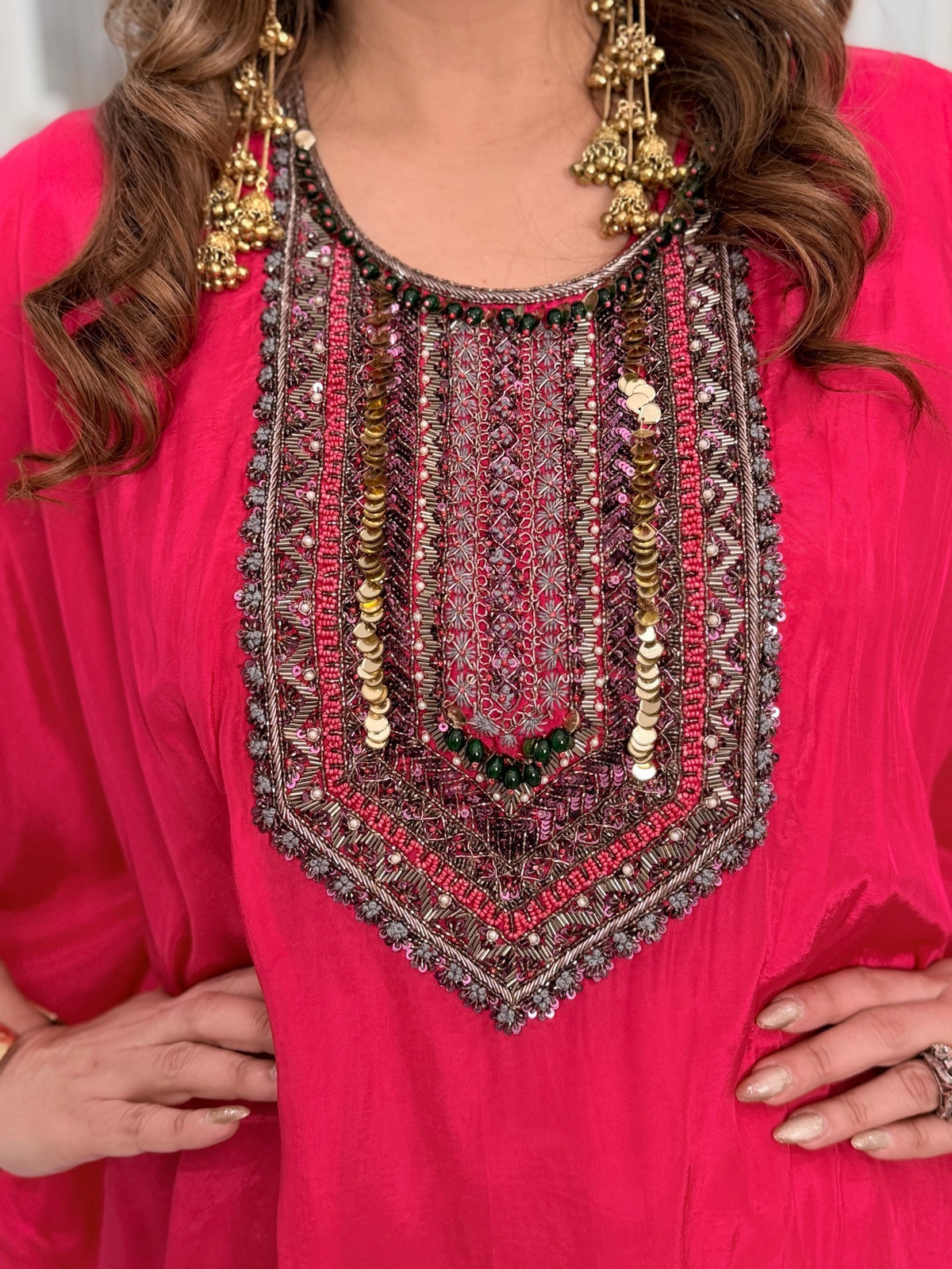 Indo-Western Wear - Hot Pink Silk Kaftan Dhoti Set with Beaded Embroidered Yoke by Panache by Divya - product image 4