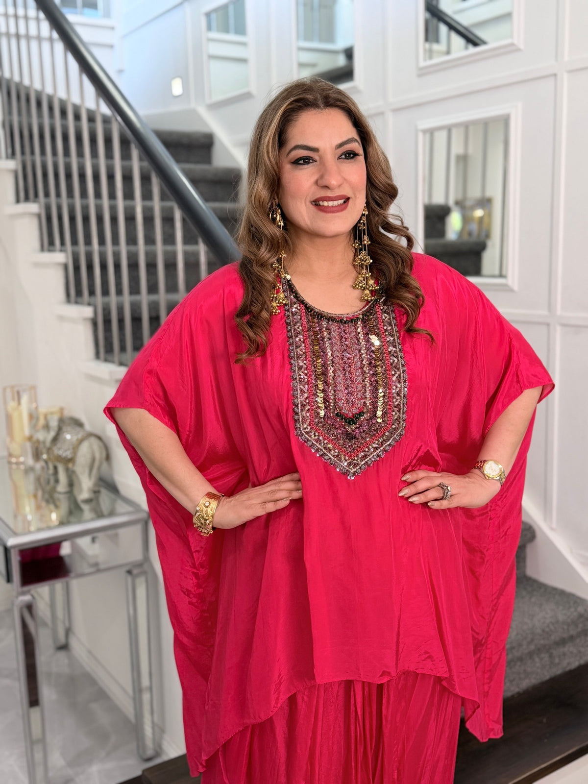 Indo-Western Wear - Hot Pink Silk Kaftan Dhoti Set with Beaded Embroidered Yoke by Panache by Divya - product image 3