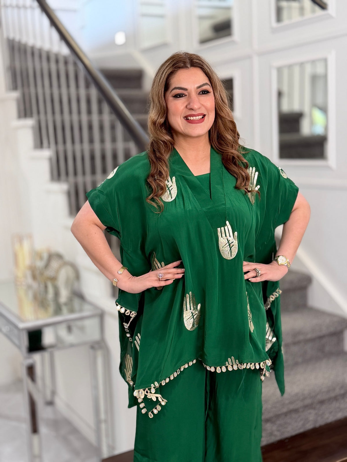 Emerald Green Gold Hand Motif Kaftan Co-ord Set by Panache by Divya - product image 3