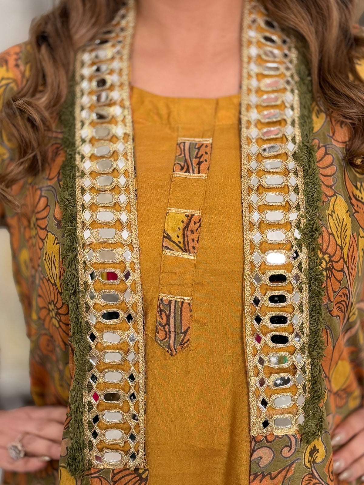 Mustard Kalamkari Mirror Work Jacket Dhoti Co-ord Set by Panache by Divya - product image 7