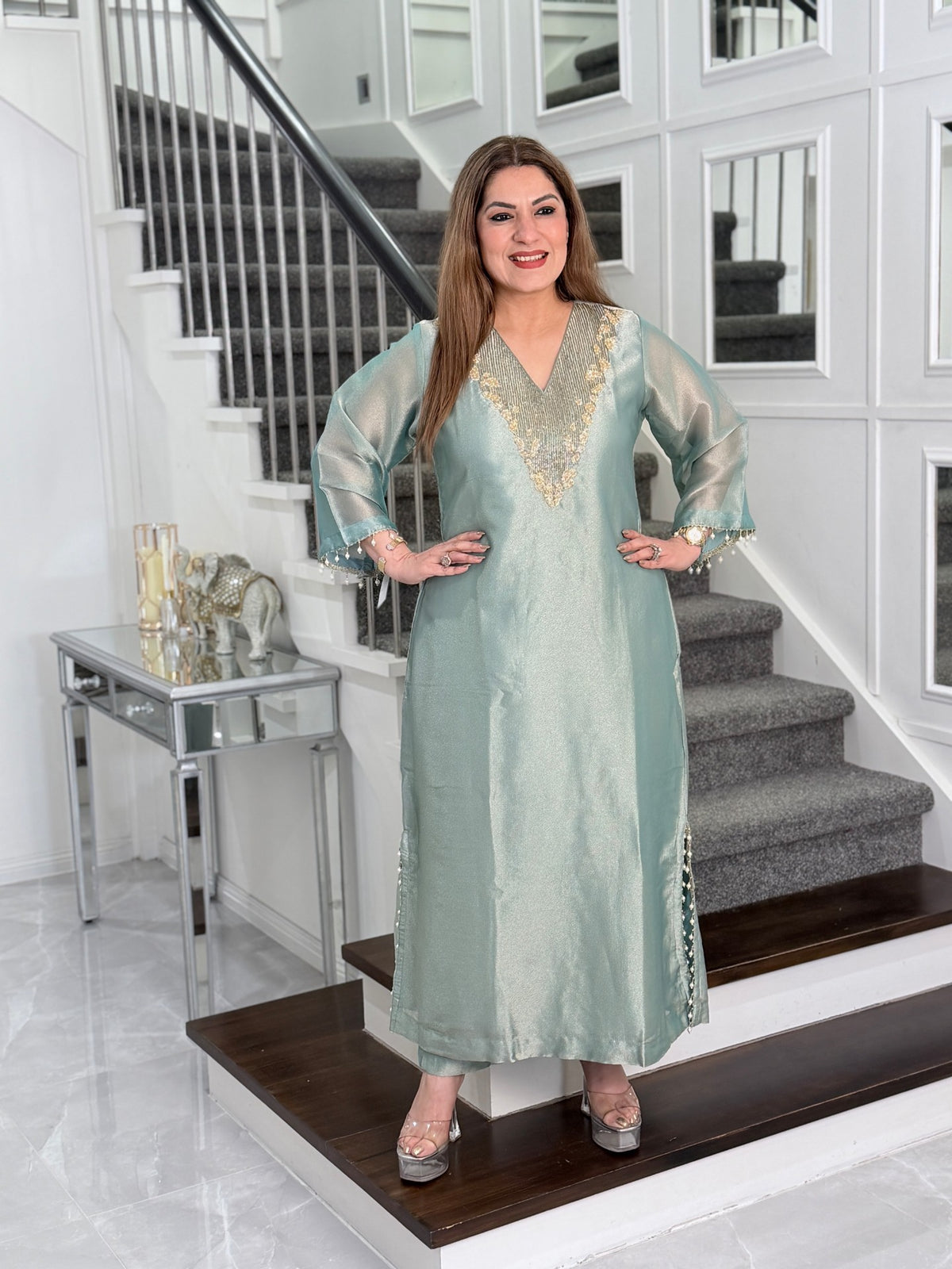 Sage Tissue Beaded V-Neck Kurta Co-ord Set with Potli by Panache by Divya - product image 1