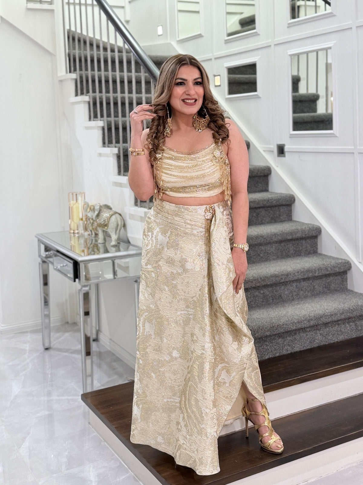 Indo-Western Wear - Ivory Gold Jacquard Beaded Fringe Drape Skirt Indo Western Set by Panache by Divya - product image 1