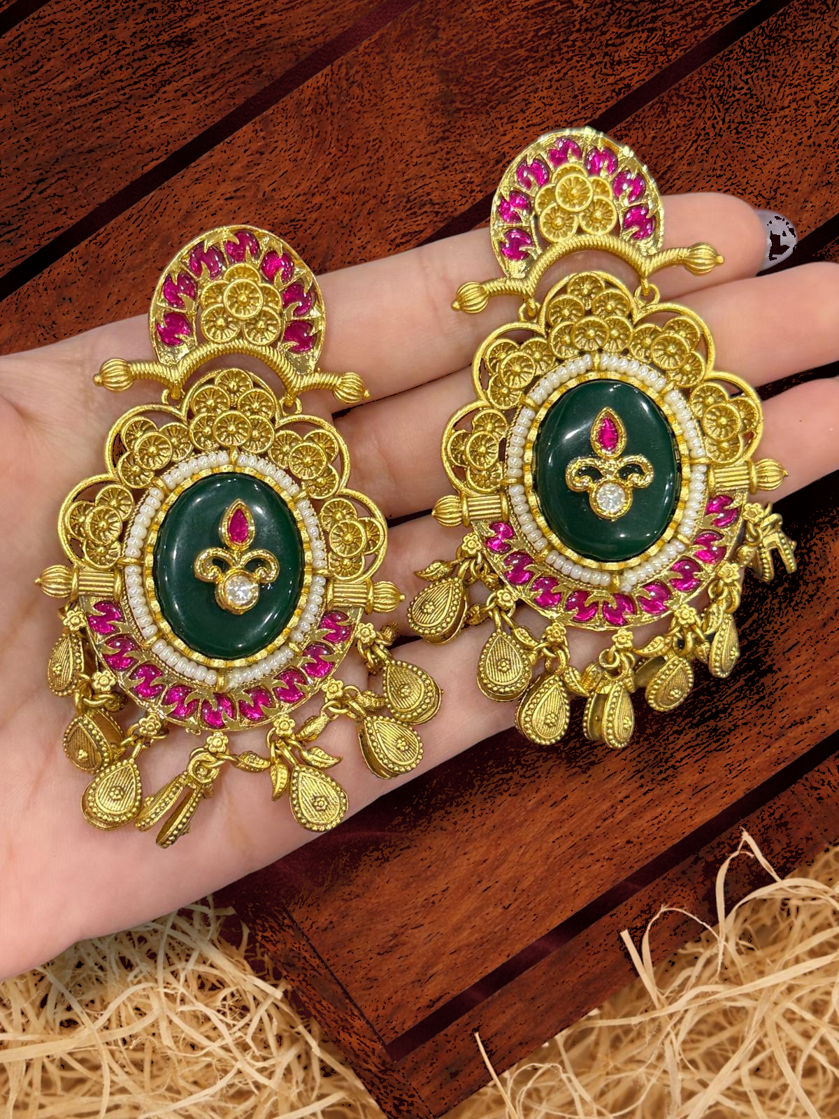 Gold and Green Statement Earrings - Earrings - Western/ Indo Western
