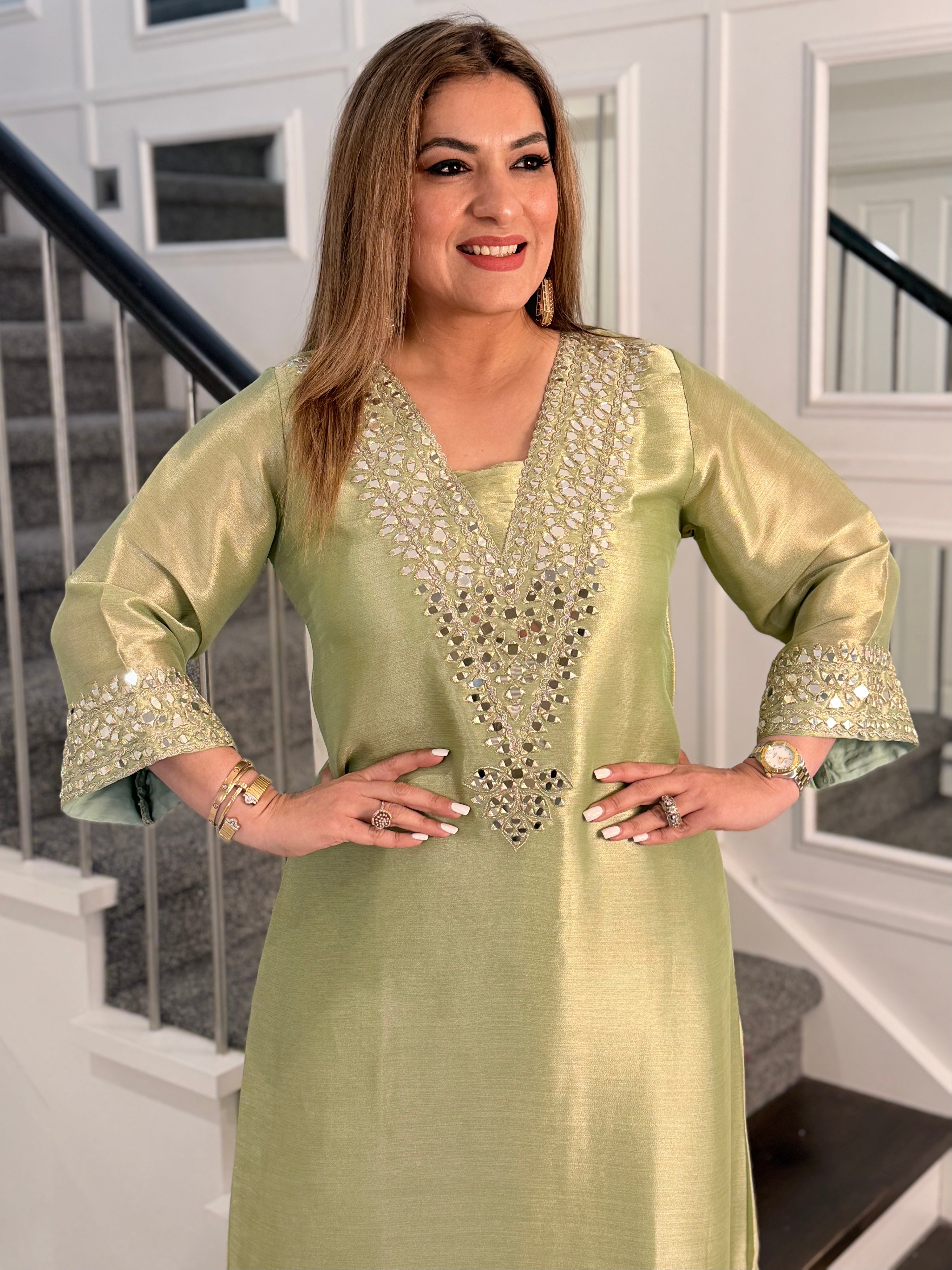 Elegant Sage Green Embellished Kurta Set - Coordset (3)